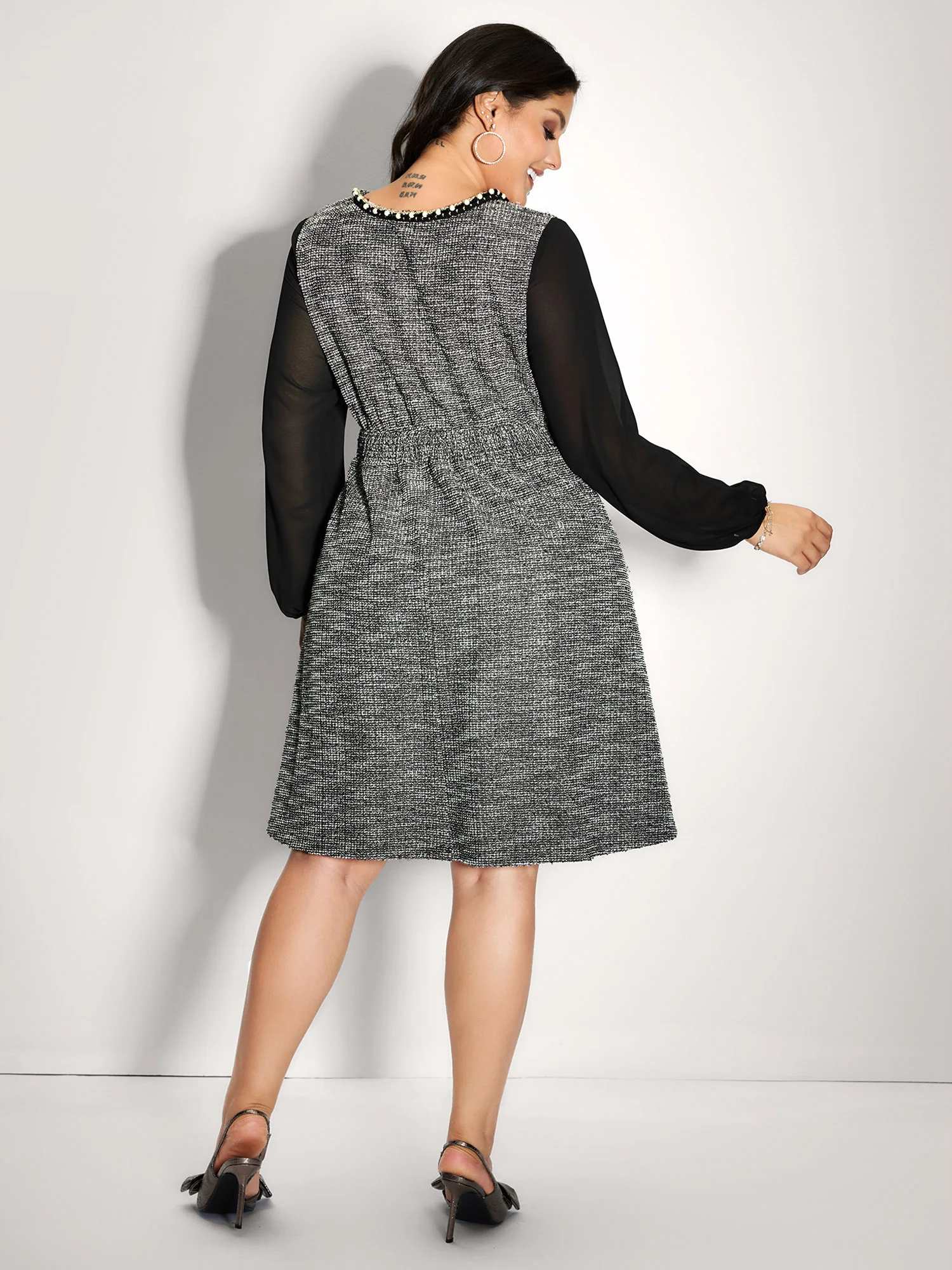 Tweed Pearl Collar Semi-Sheer Midi Dress - Image 4