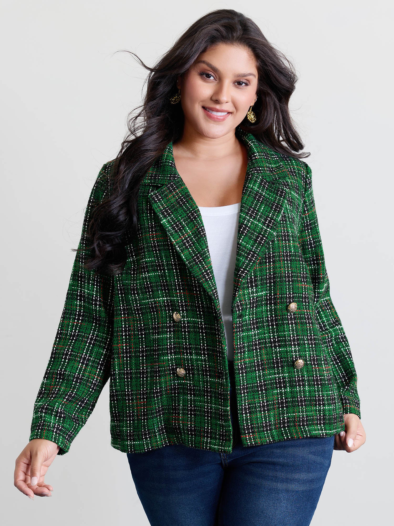 Tweed Plaid Double Button Jacket - Image 4