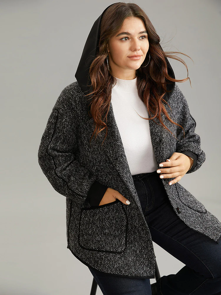 Tweed Pocket Button Through Hooded Coat - Image 2