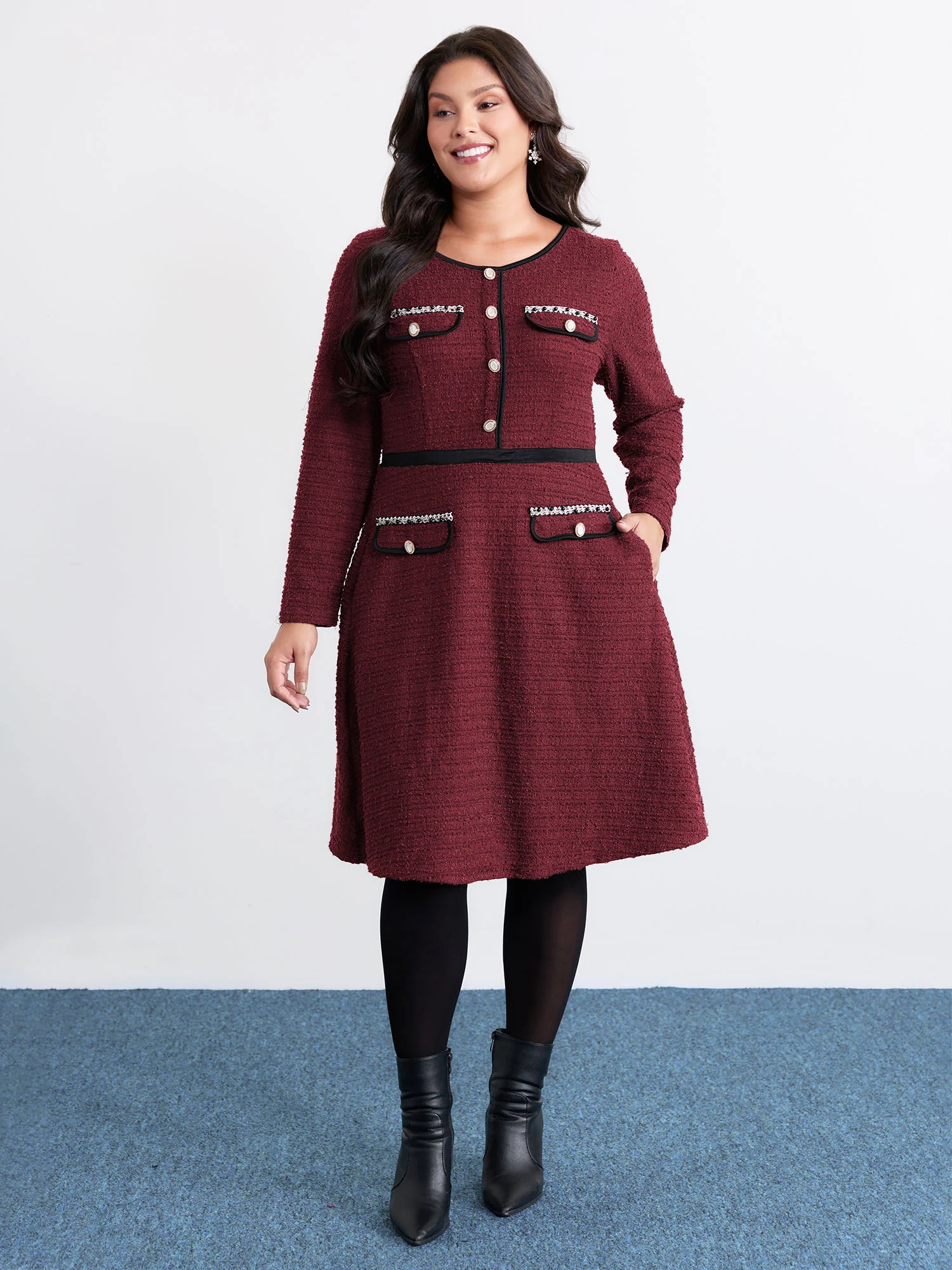 Tweed Stretchy Waist Color Contrast Midi Dress - Image 11