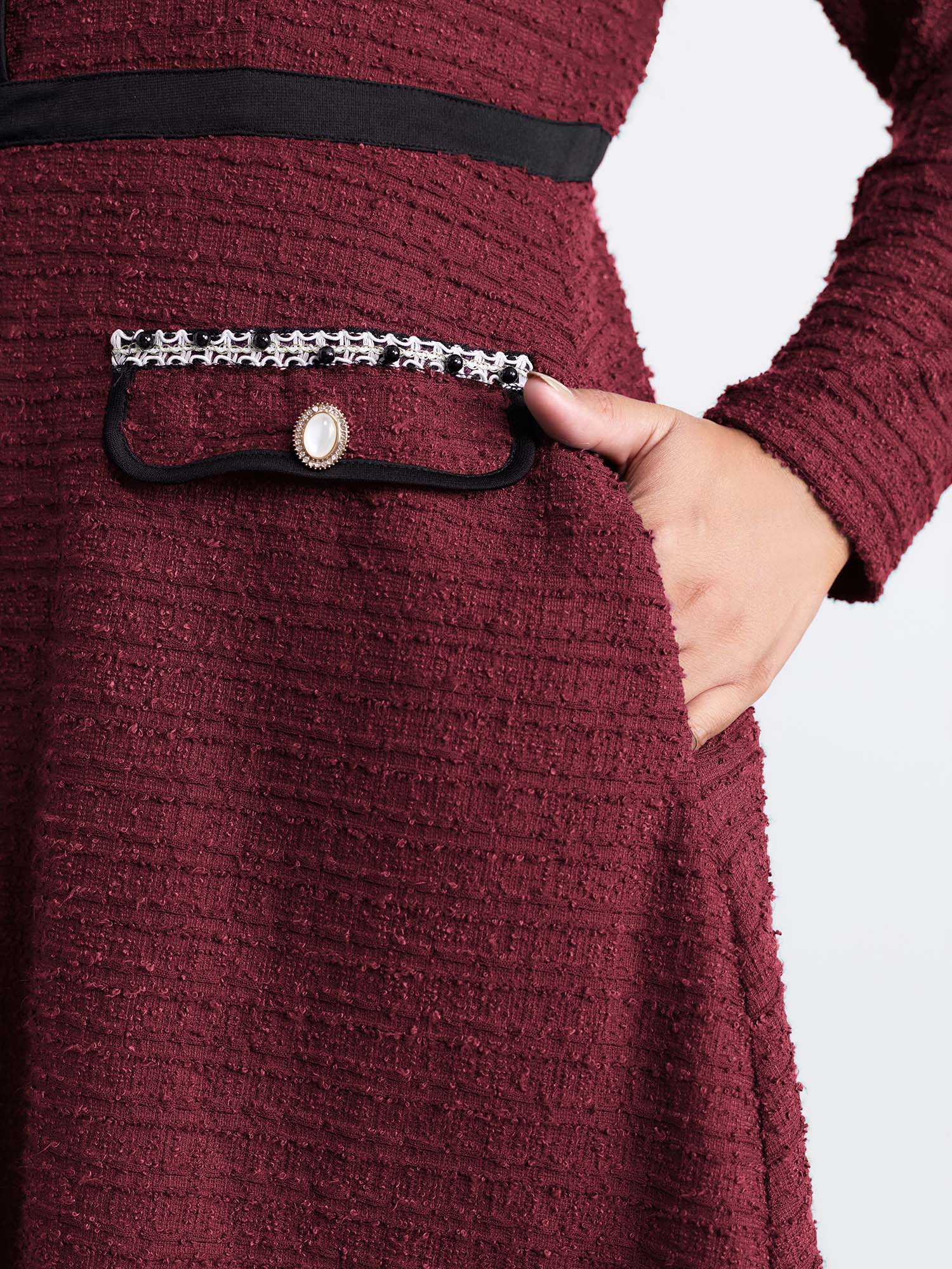 Tweed Stretchy Waist Color Contrast Midi Dress - Image 12