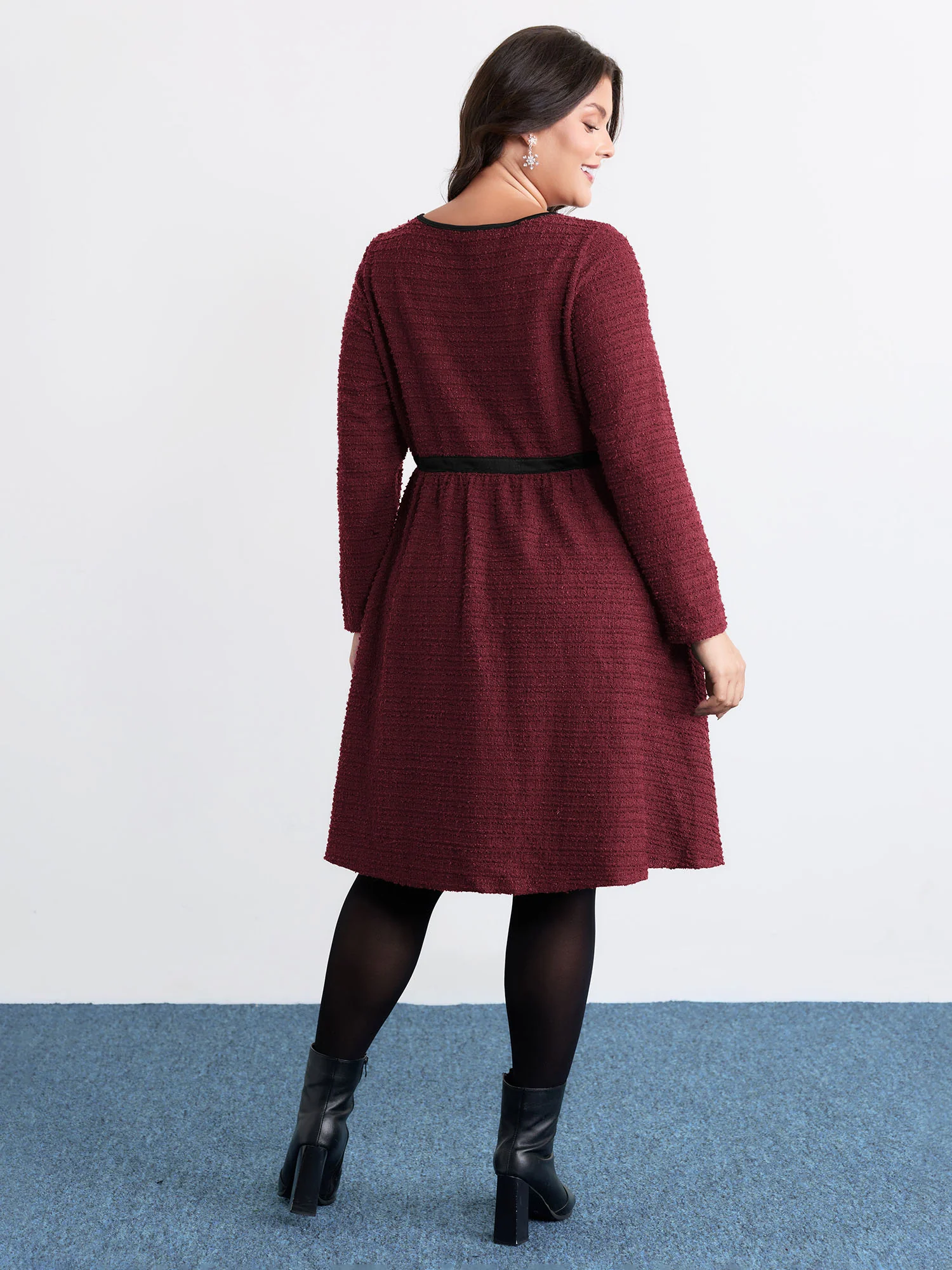 Tweed Stretchy Waist Color Contrast Midi Dress - Image 13