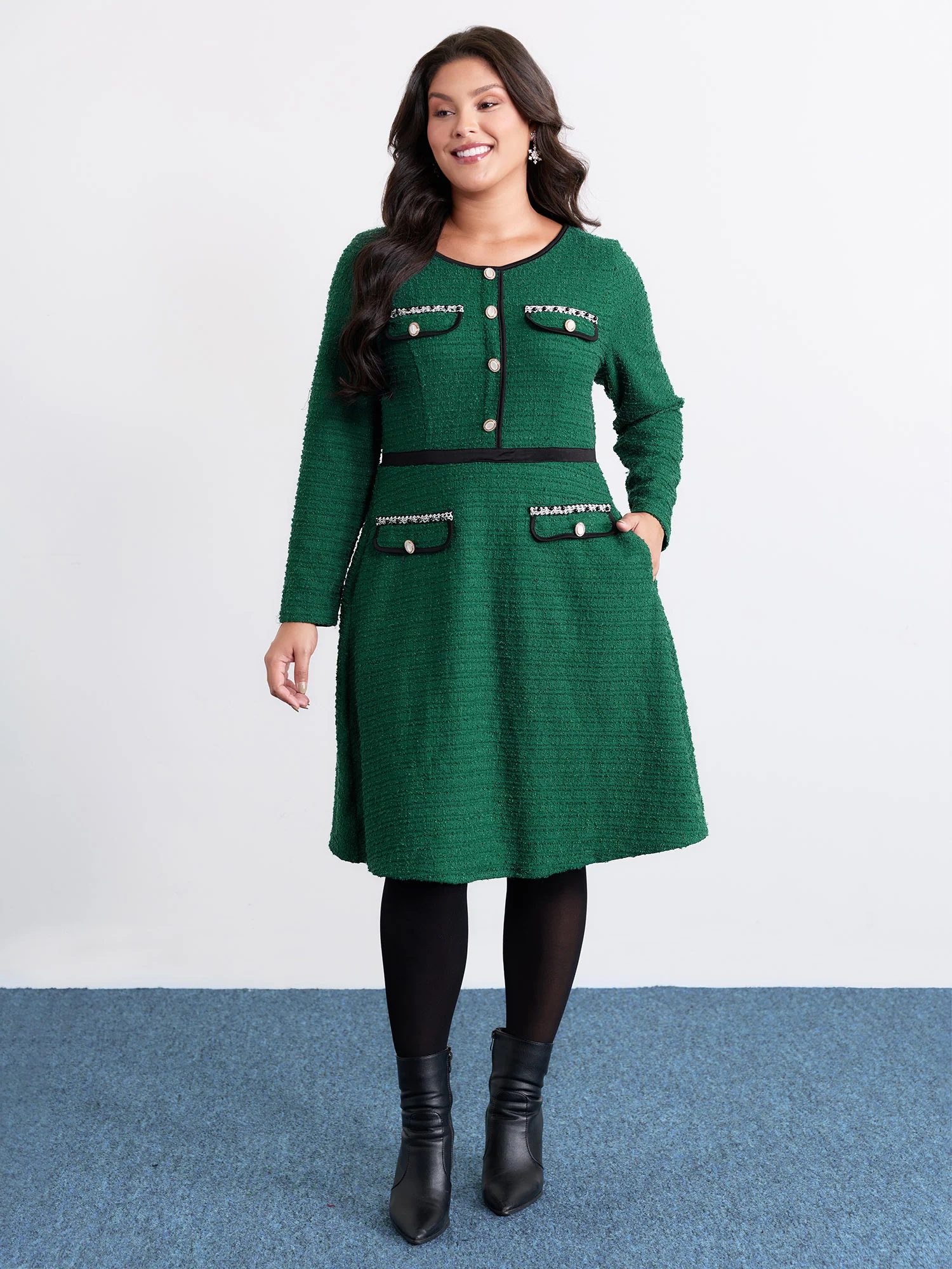Tweed Stretchy Waist Color Contrast Midi Dress - Image 4