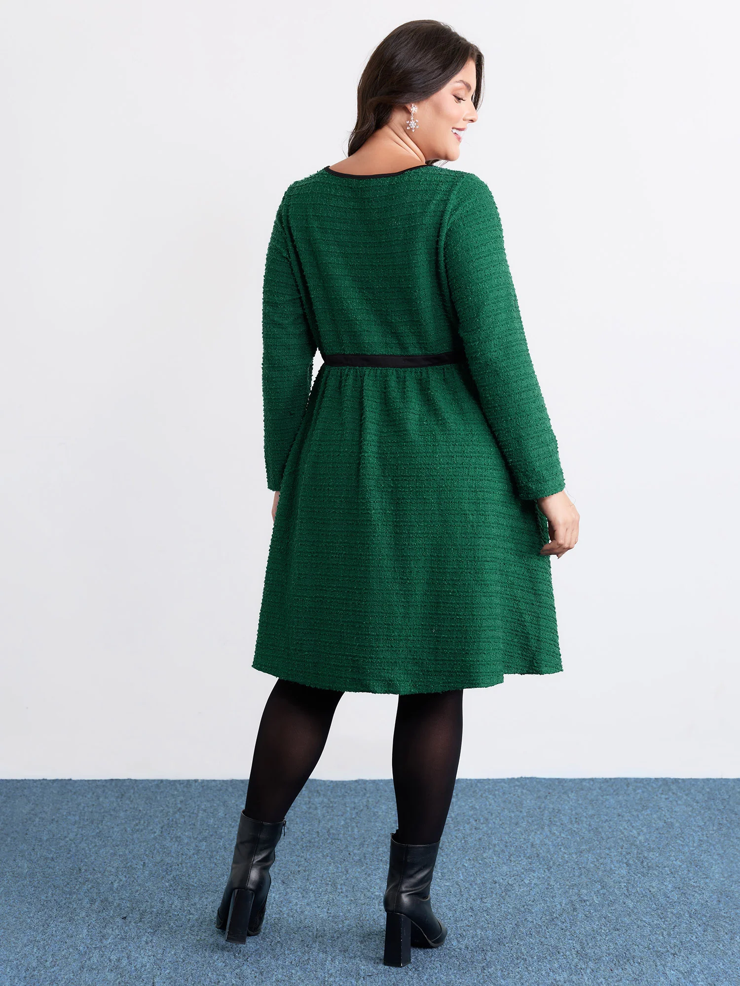 Tweed Stretchy Waist Color Contrast Midi Dress - Image 5