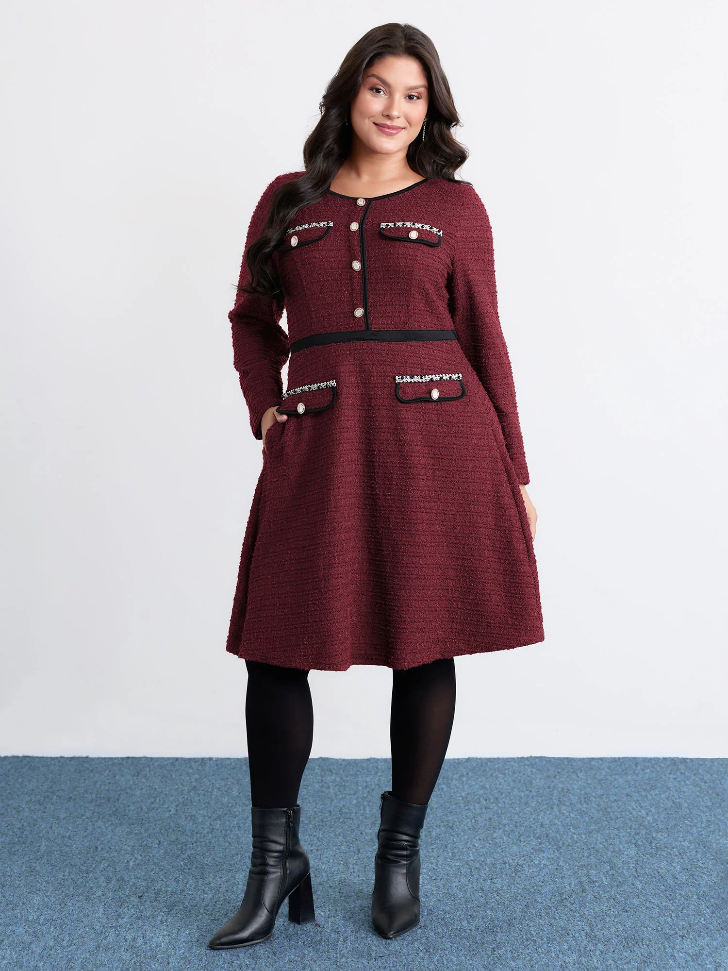 Tweed Stretchy Waist Color Contrast Midi Dress - Image 9