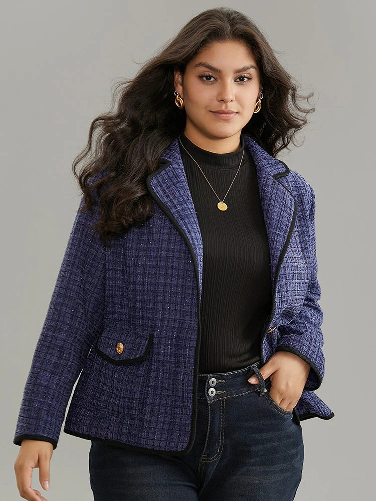 Tweed Suit Collar Button Up Flap Pocket Blazer - Image 3
