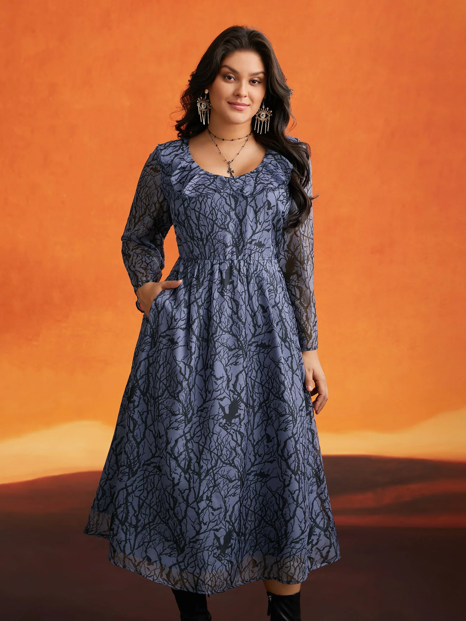 Twilight Vines And Ruffle Neckline Midi Dress - Image 3