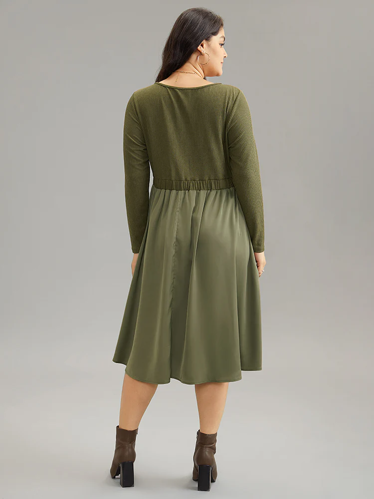 Twill Patchwork Elastic Waist Gathered Dress - Image 2