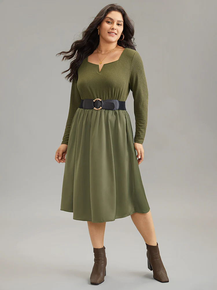 Twill Patchwork Elastic Waist Gathered Dress - Image 3