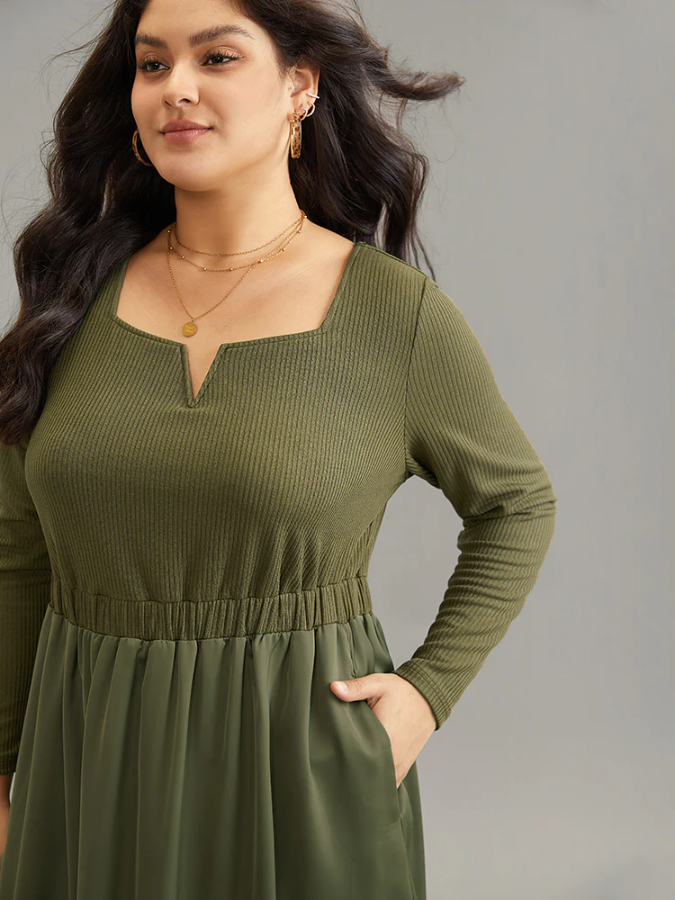 Twill Patchwork Elastic Waist Gathered Dress - Image 4