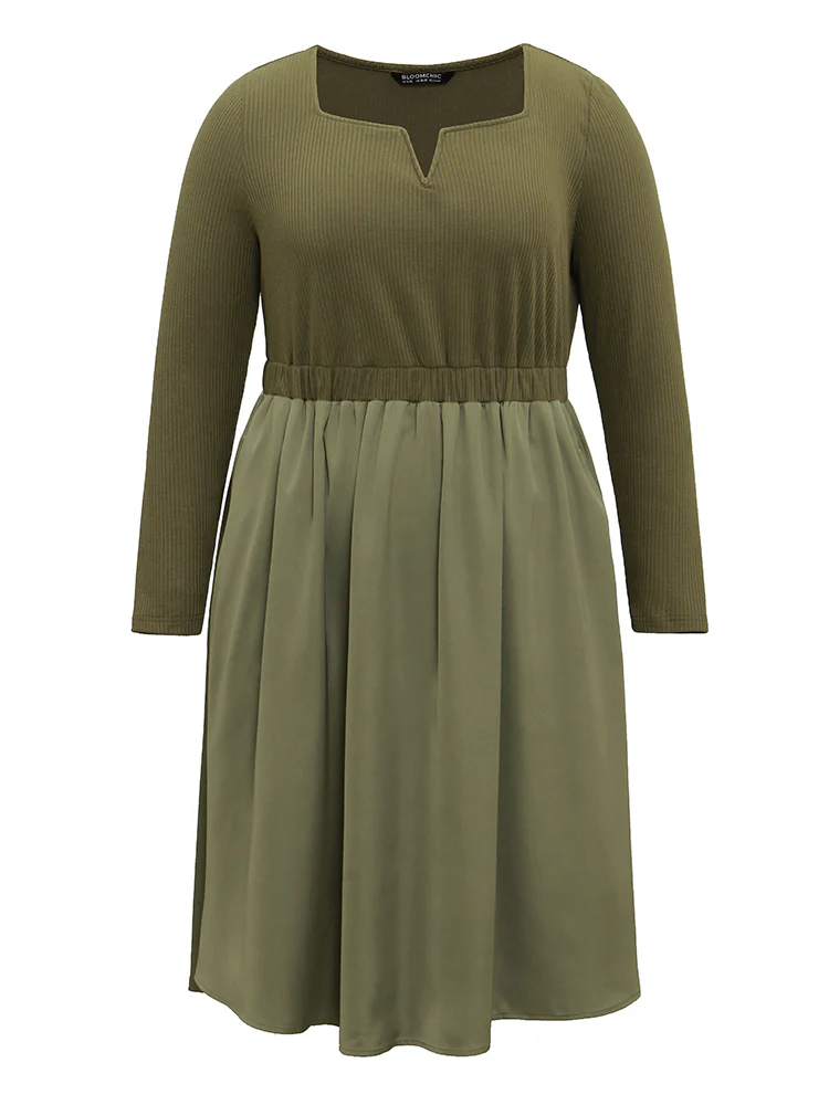 Twill Patchwork Elastic Waist Gathered Dress - Image 5
