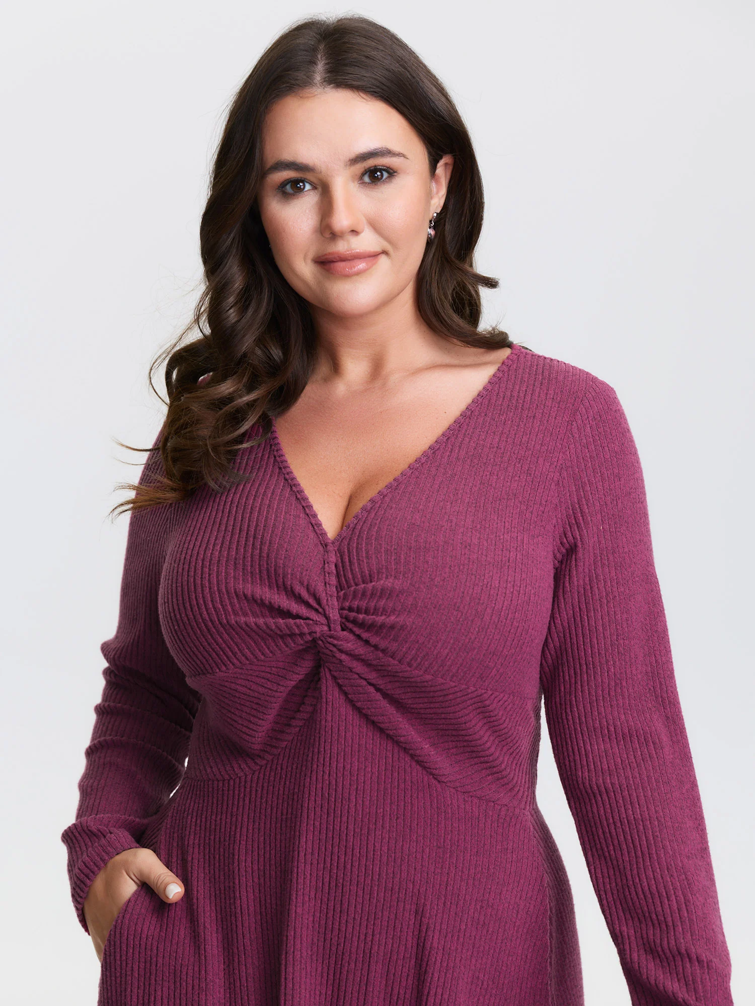 Twist Bodice Ribbed V-Neck Midi Dress - Image 2