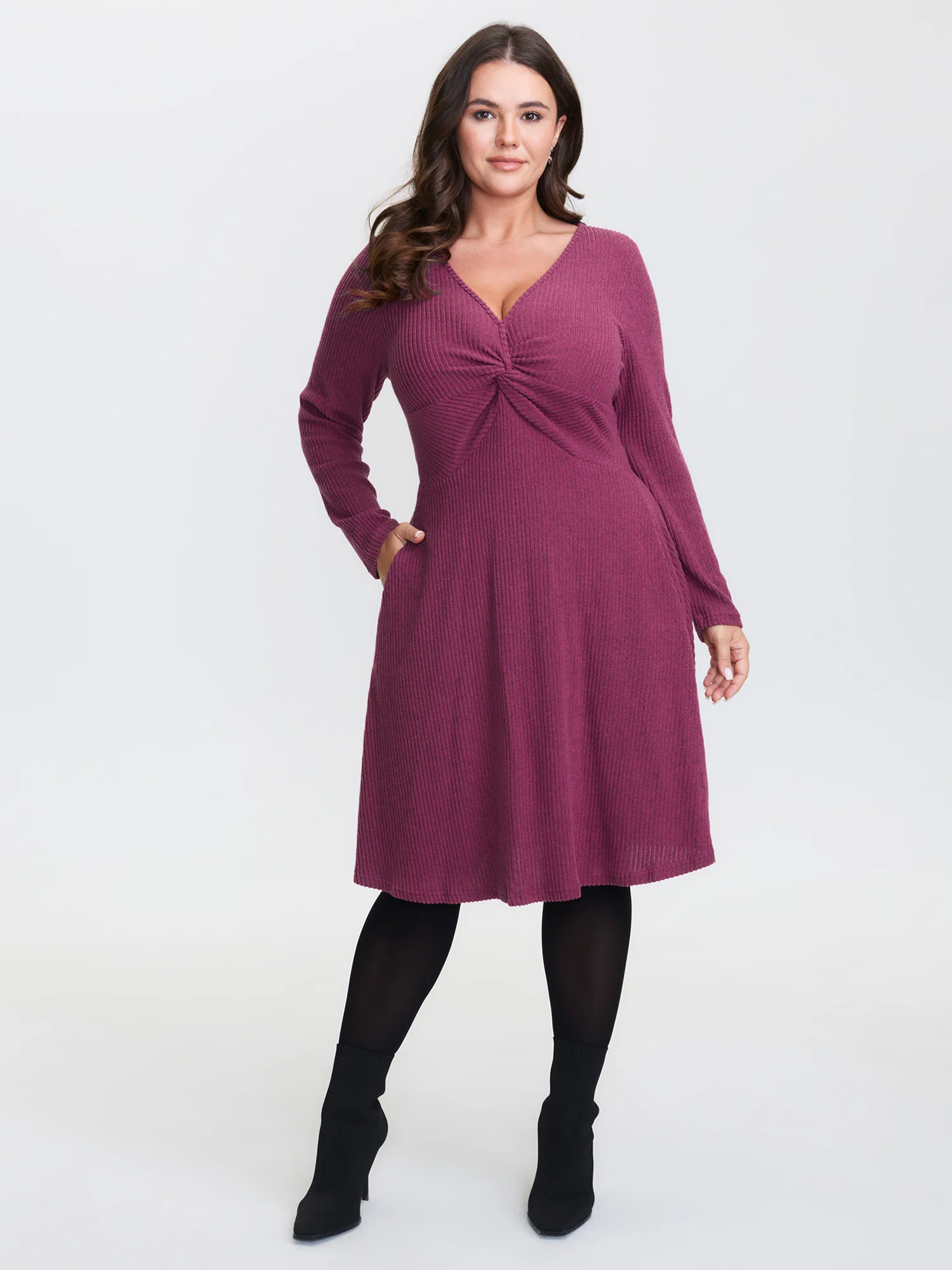 Twist Bodice Ribbed V-Neck Midi Dress - Image 3