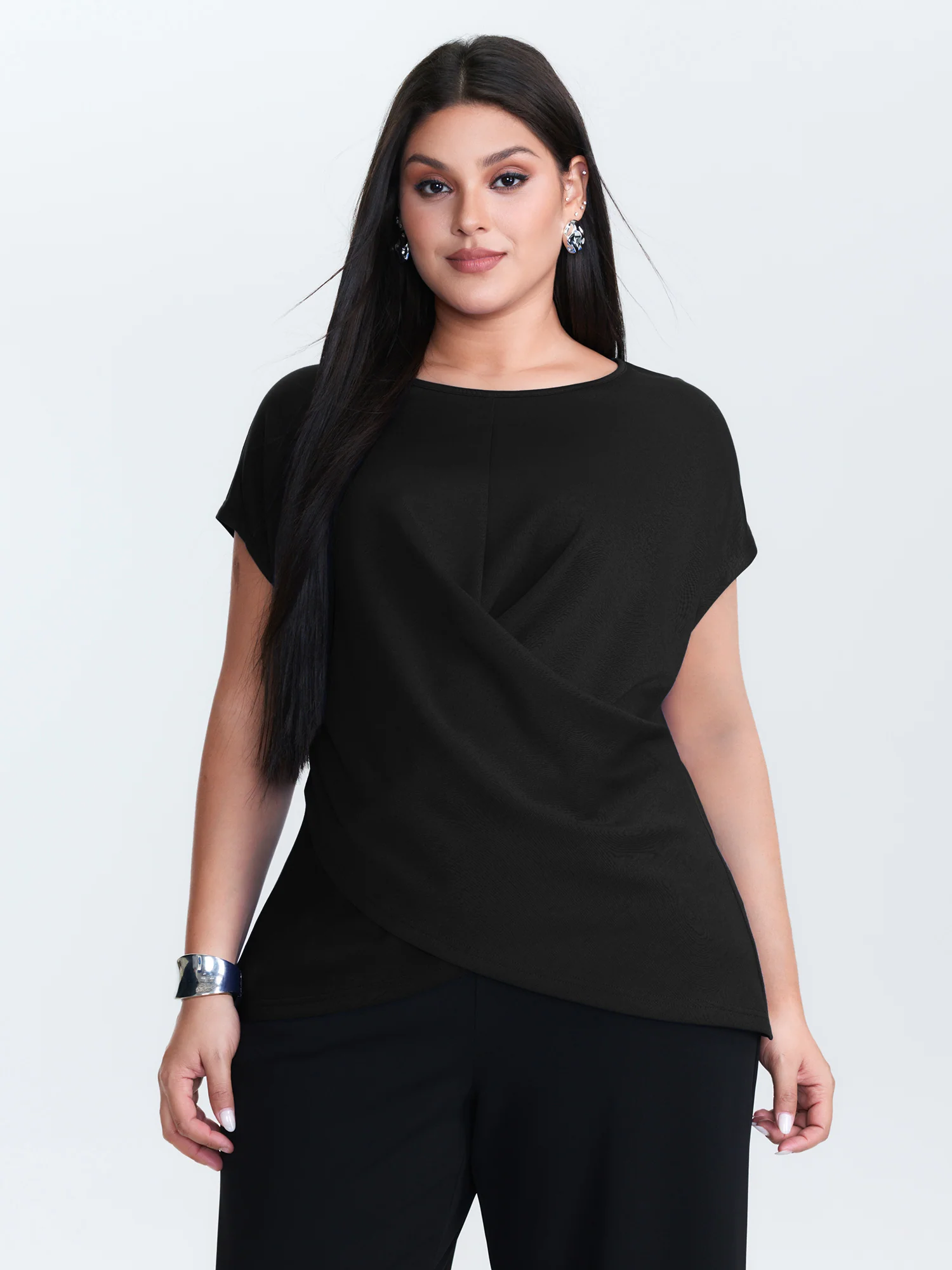 Twist-Front Boat Neckline Plain Knit Top - Image 12