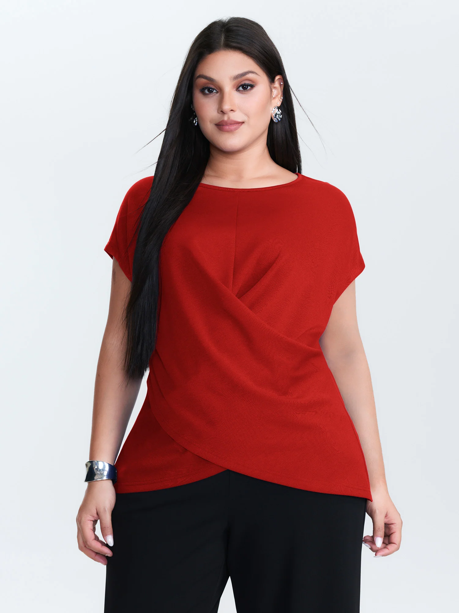 Twist-Front Boat Neckline Plain Knit Top - Image 8