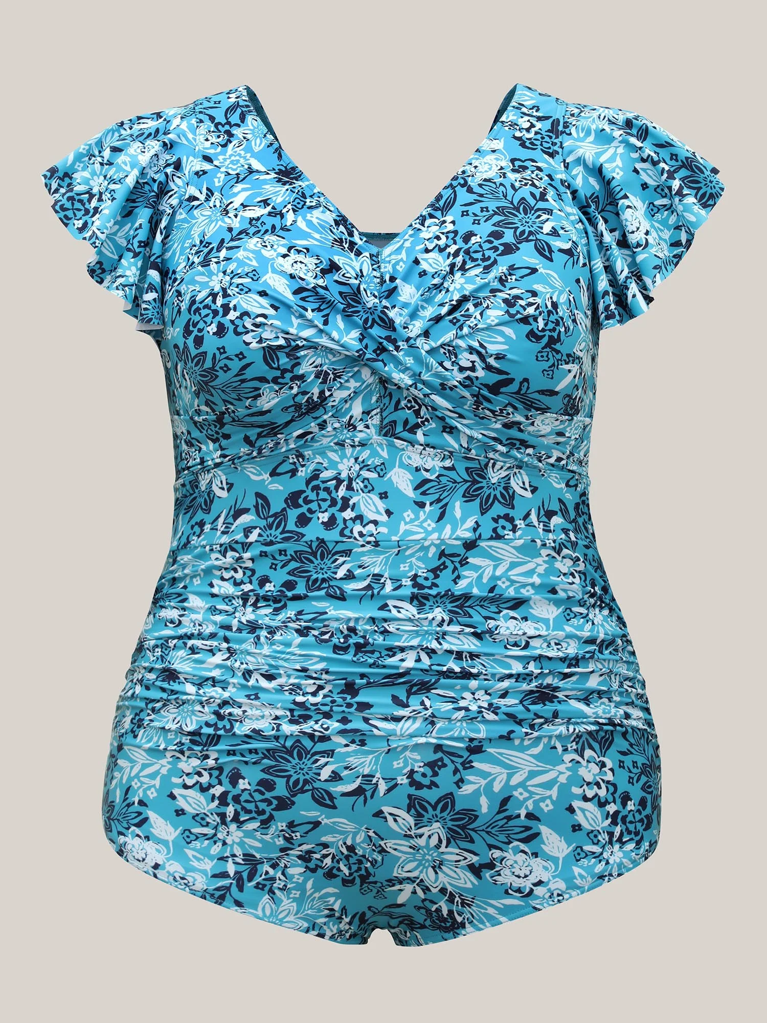 Twist Front Flounce Sleeve Ruched One-Piece Swimsuit - Image 7