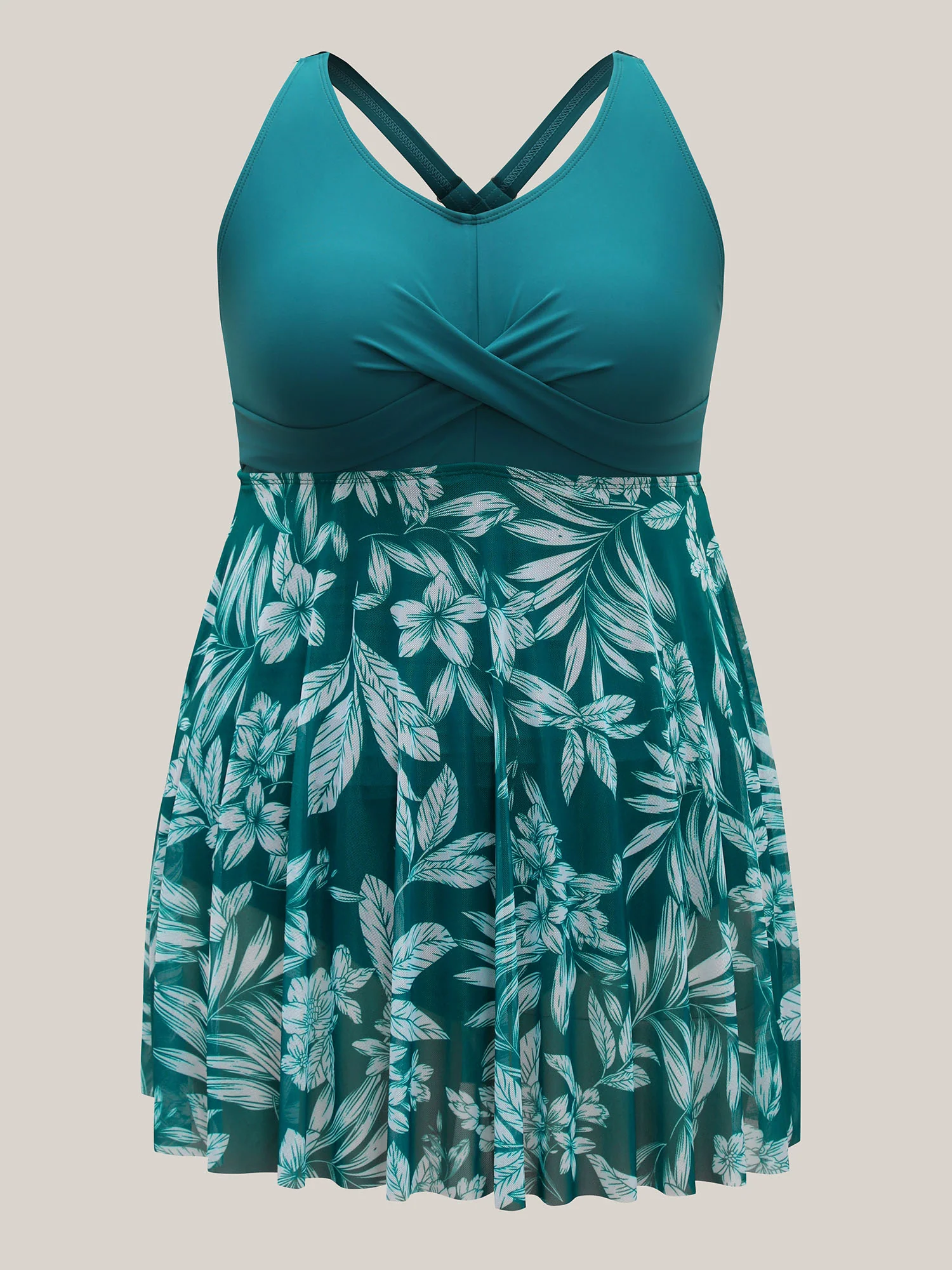 Twist Front Mesh Tropical Print Swim Dress - Image 6
