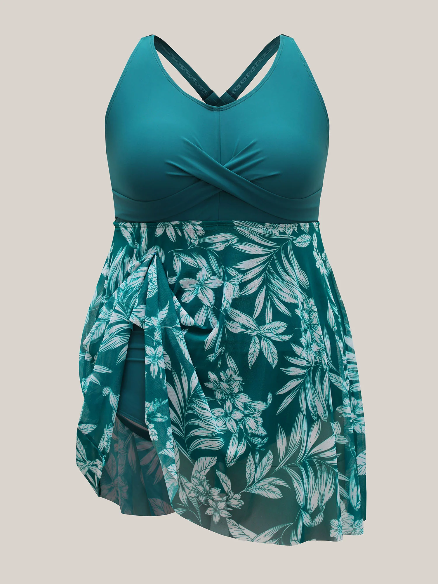 Twist Front Mesh Tropical Print Swim Dress - Image 7