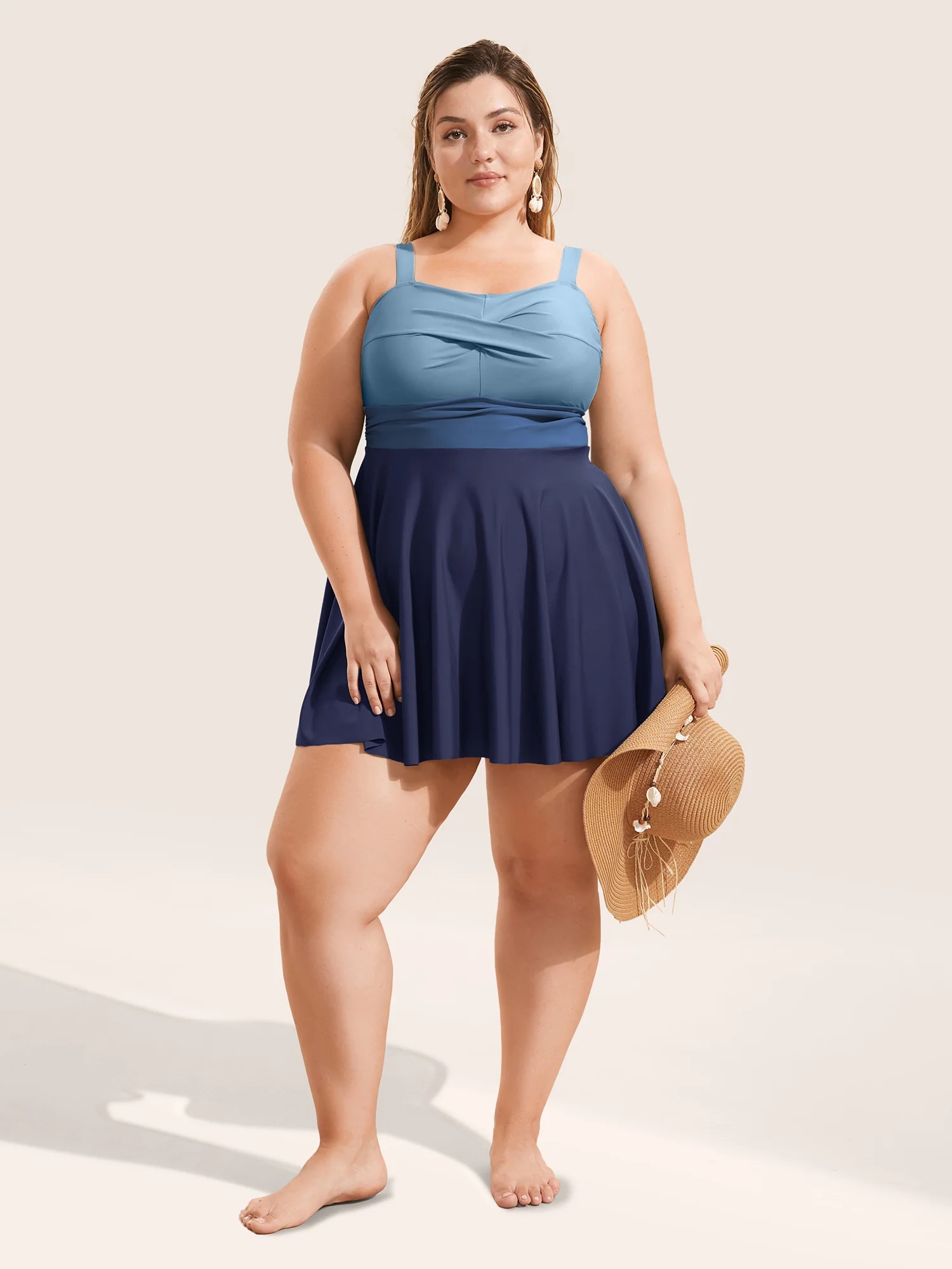 Twist Front Patchwork Adjustable Straps Swim Dress - Image 10