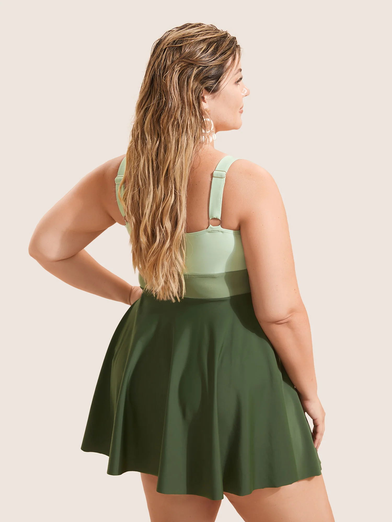 Twist Front Patchwork Adjustable Straps Swim Dress - Image 2