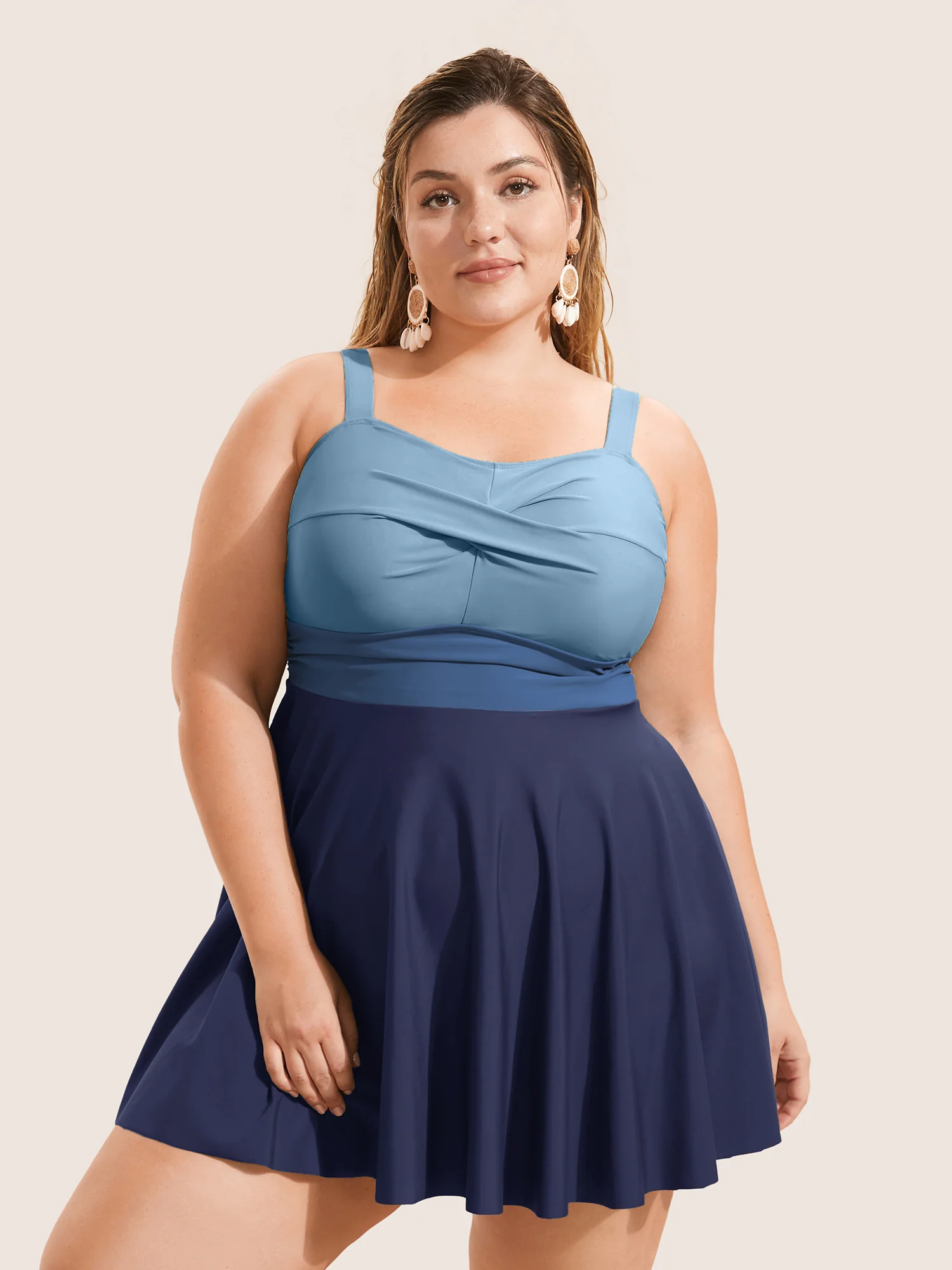 Twist Front Patchwork Adjustable Straps Swim Dress - Image 8