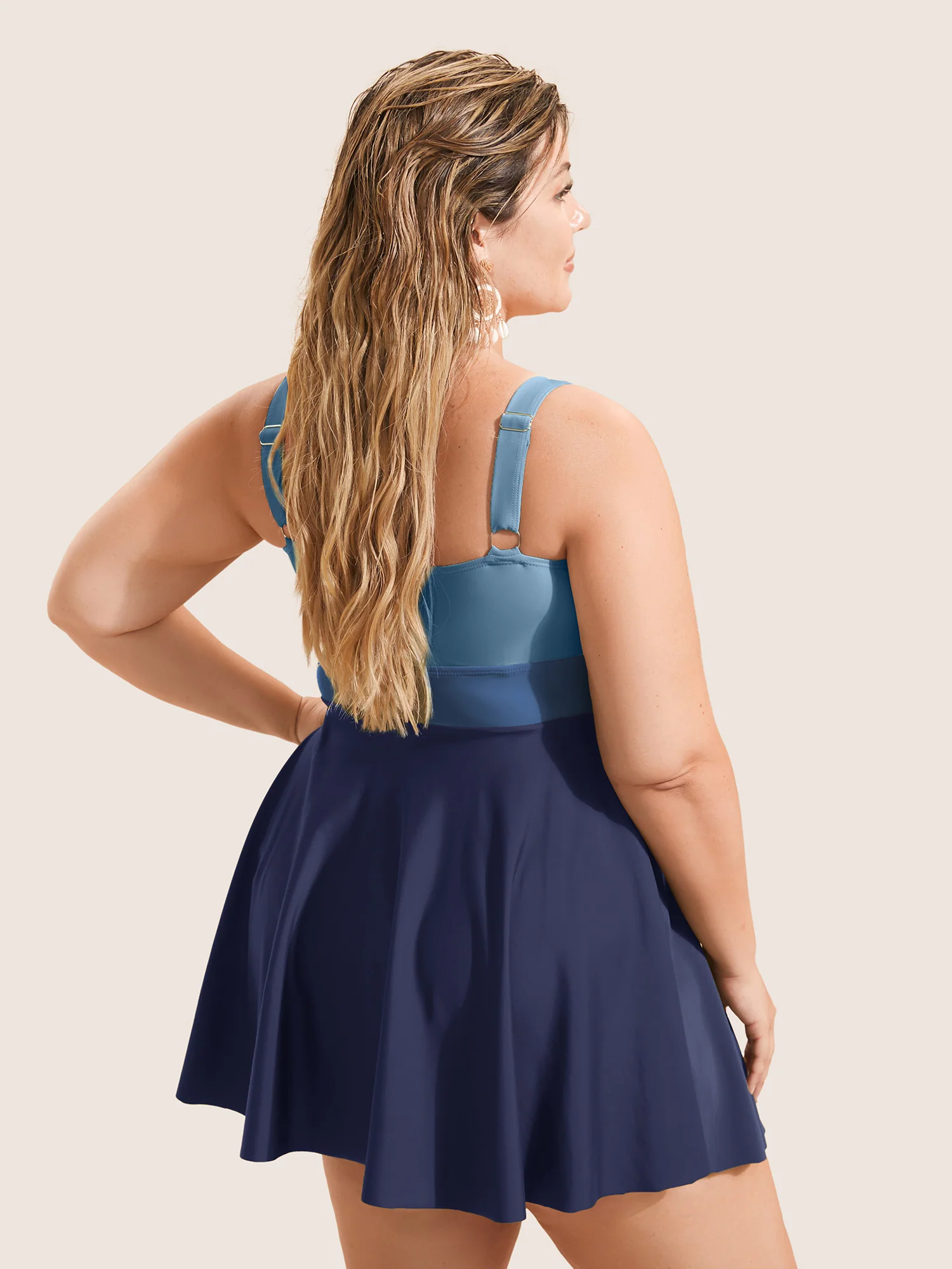 Twist Front Patchwork Adjustable Straps Swim Dress - Image 9