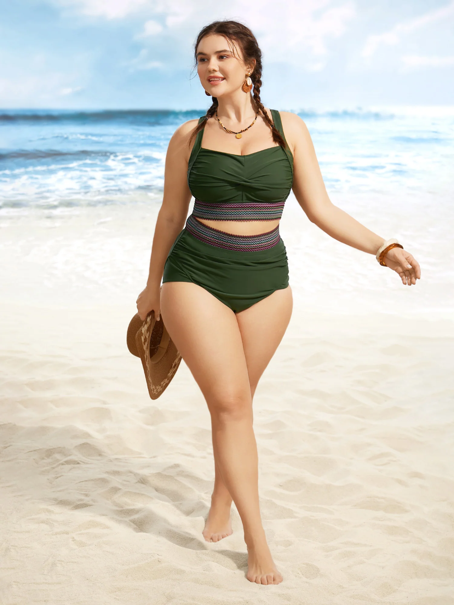 Twist Front Patchwork Woven Ribbon Bikini Top - Image 15