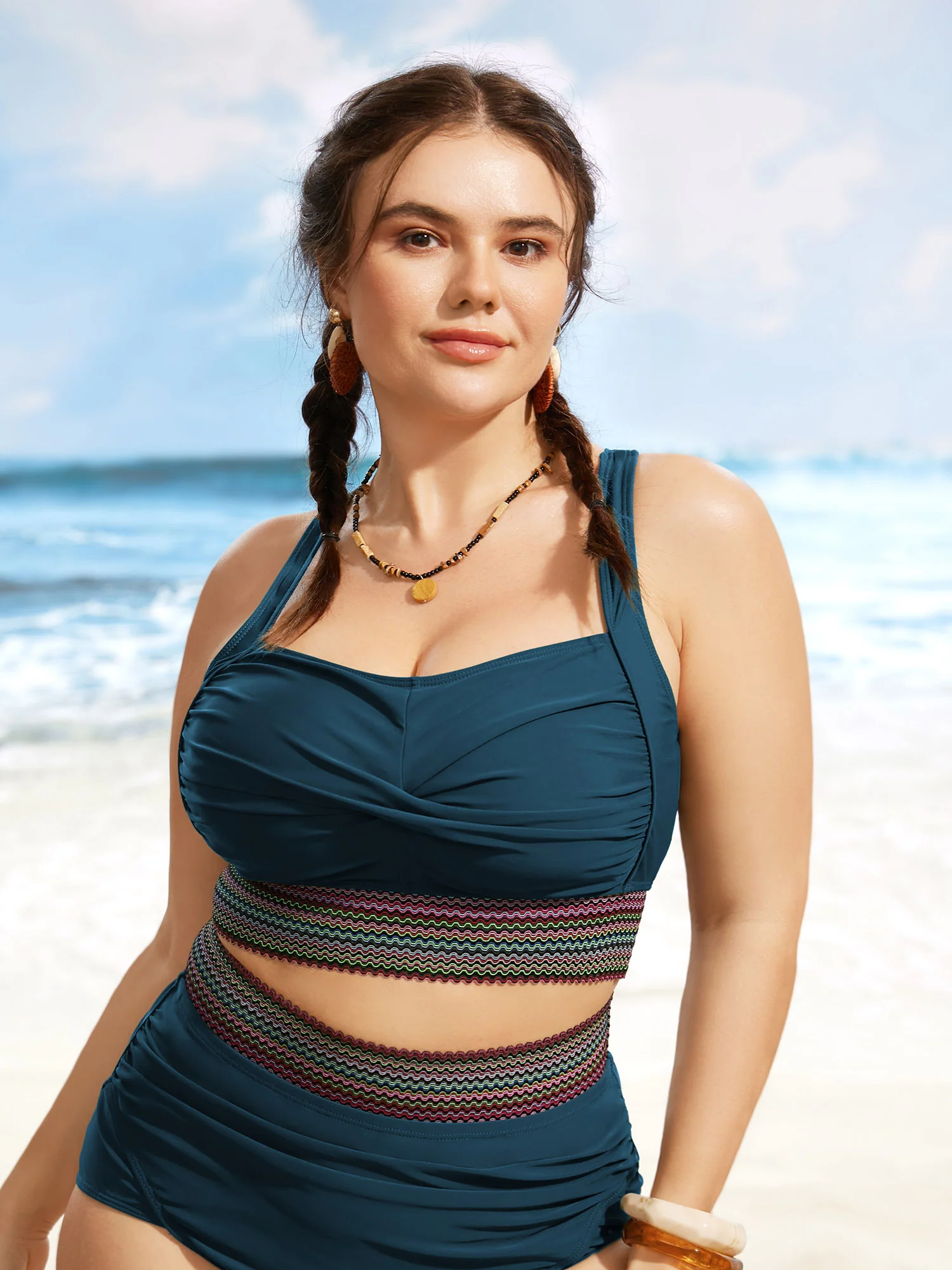 Twist Front Patchwork Woven Ribbon Bikini Top - Image 22