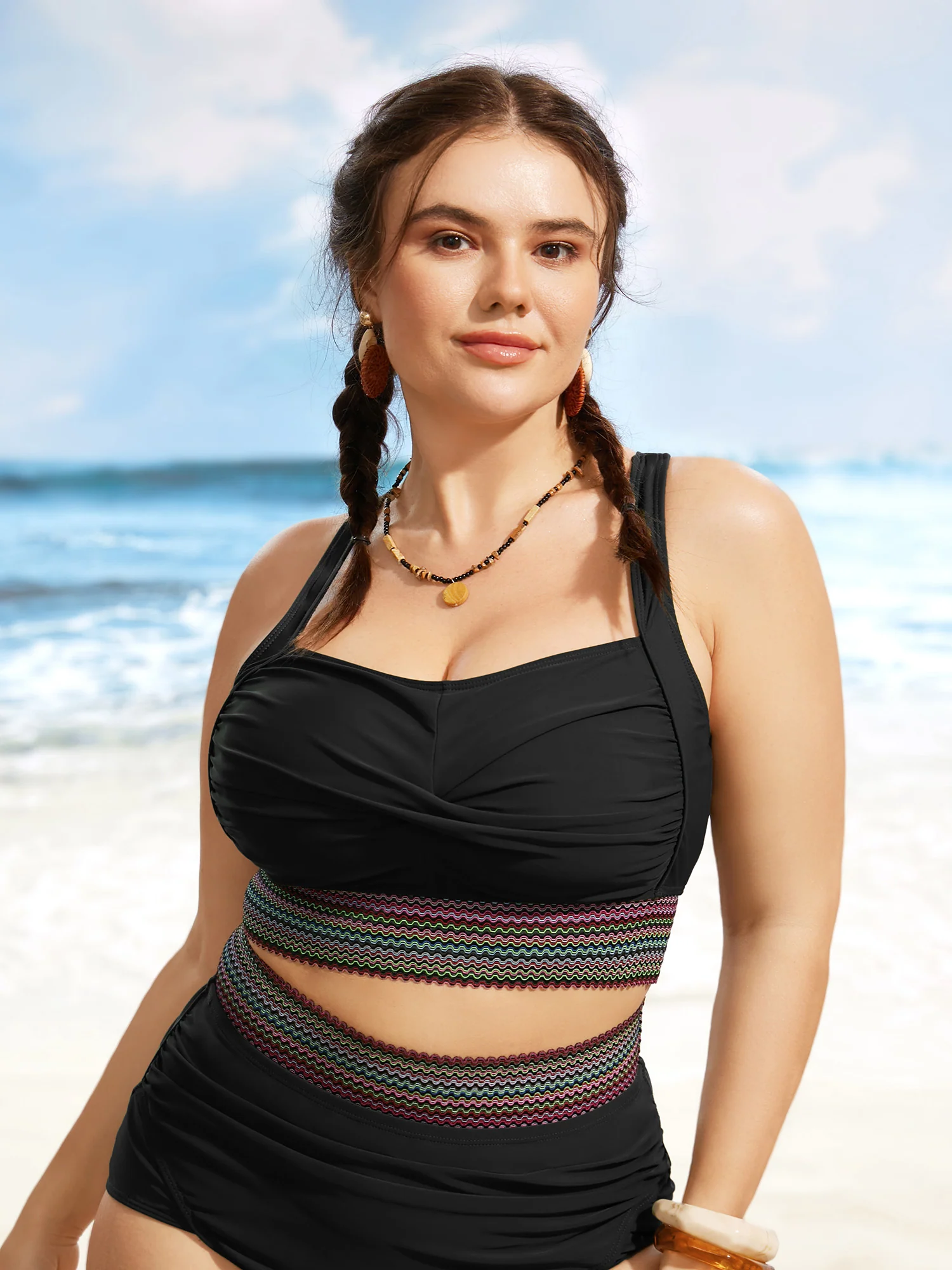 Twist Front Patchwork Woven Ribbon Bikini Top - Image 9