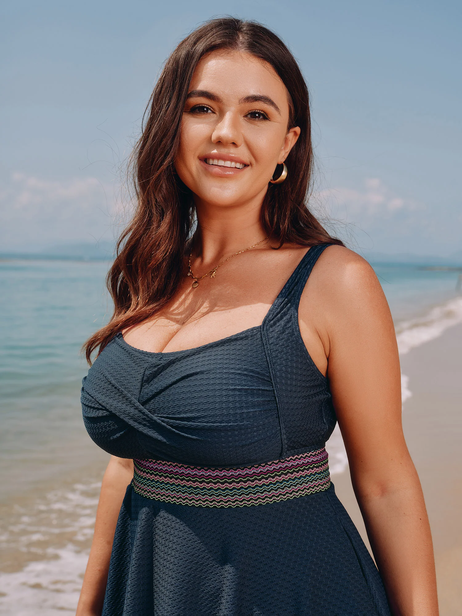 Twist Front Pockets Contrast Swim Dress - Image 2