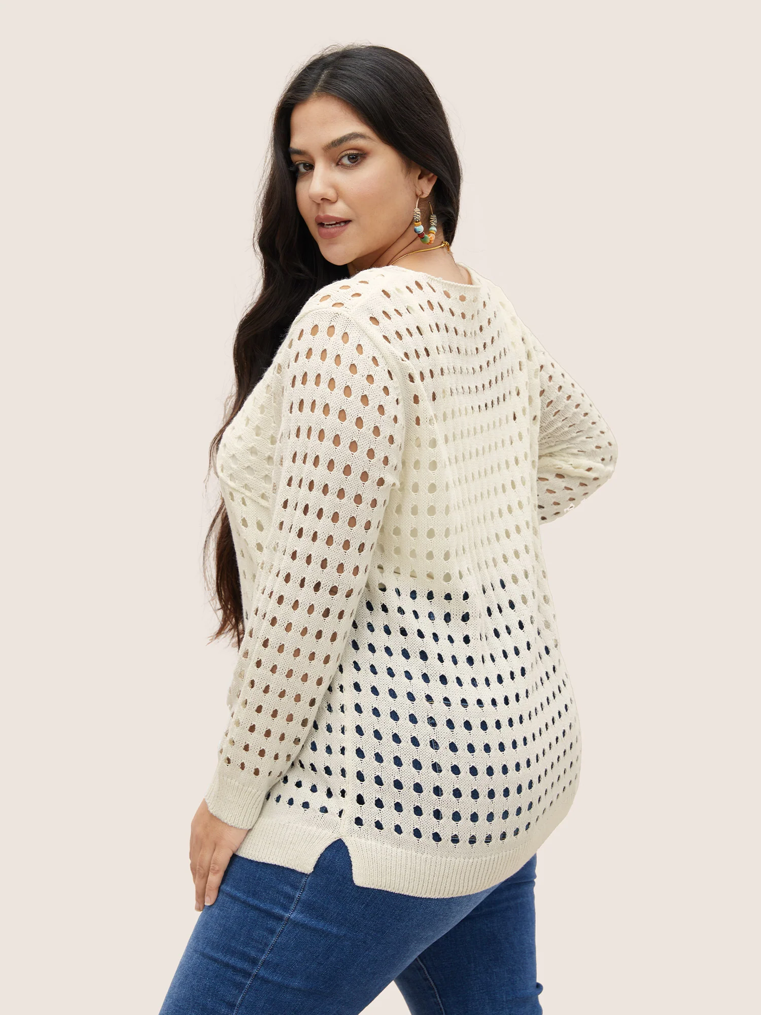 Twist Front Pointelle Knit Split Hem Pullover - Image 2