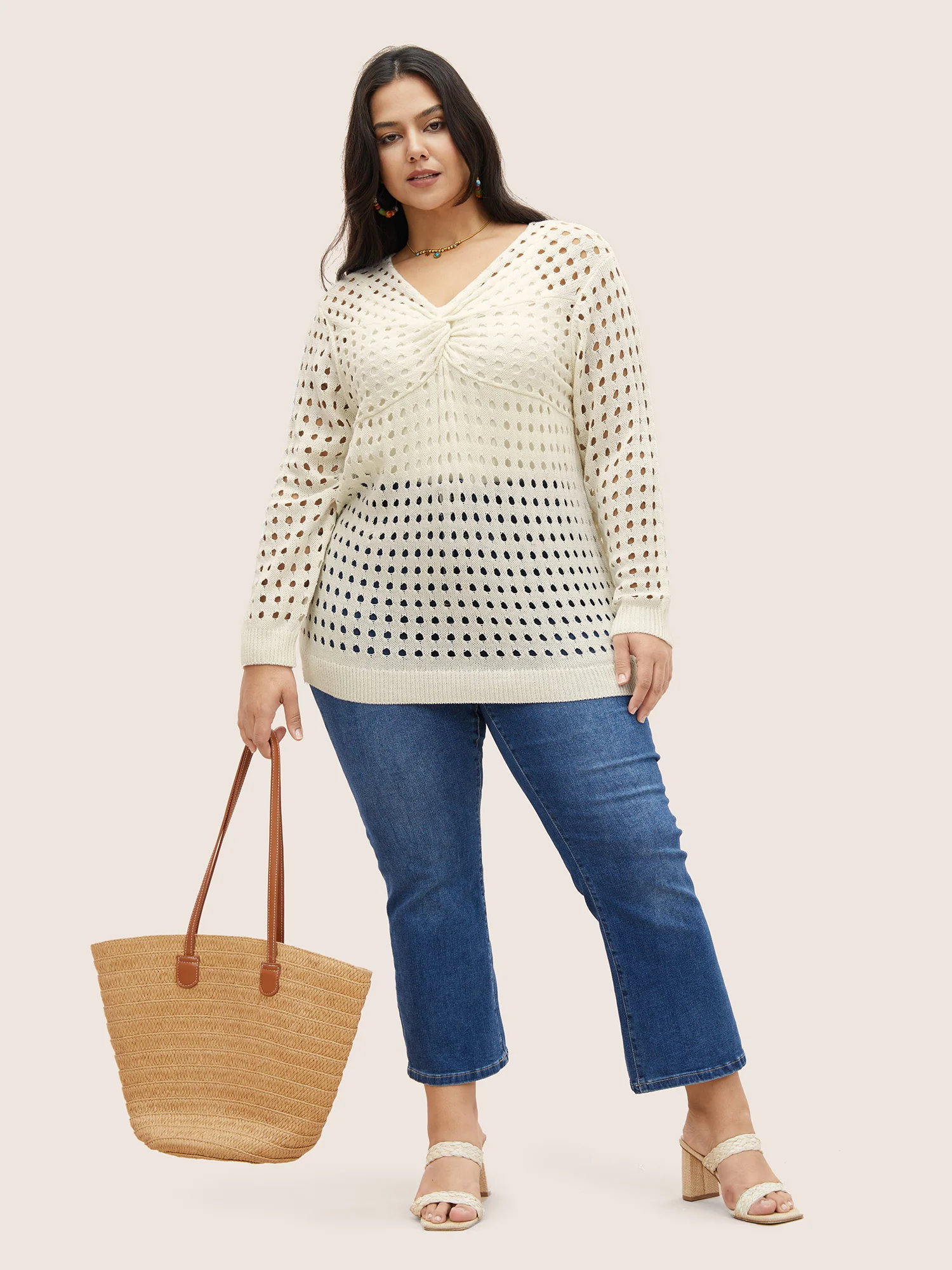 Twist Front Pointelle Knit Split Hem Pullover - Image 3