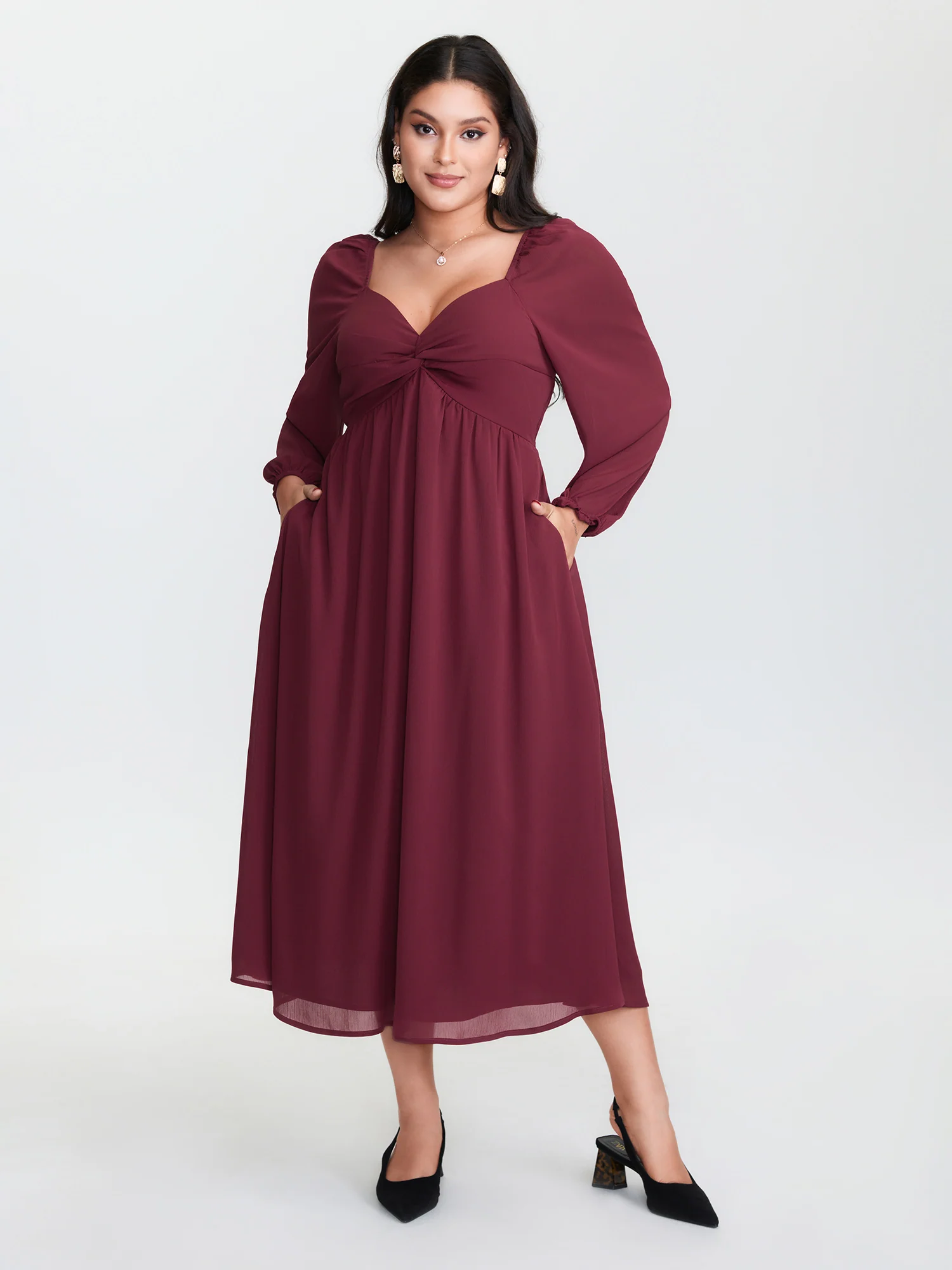 Twist Front Stretchy Waist Sweetheart Midi Dress - Image 2