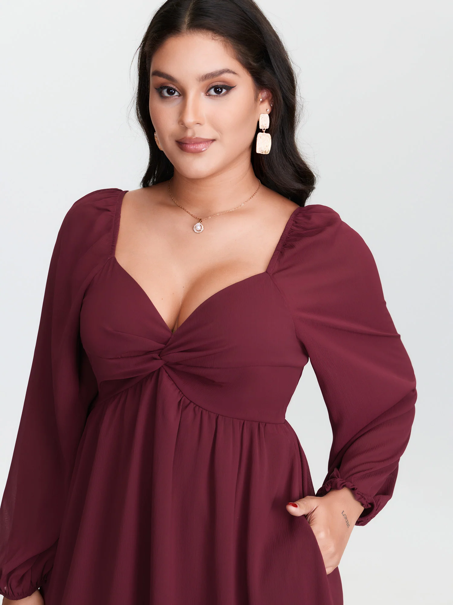 Twist Front Stretchy Waist Sweetheart Midi Dress - Image 3