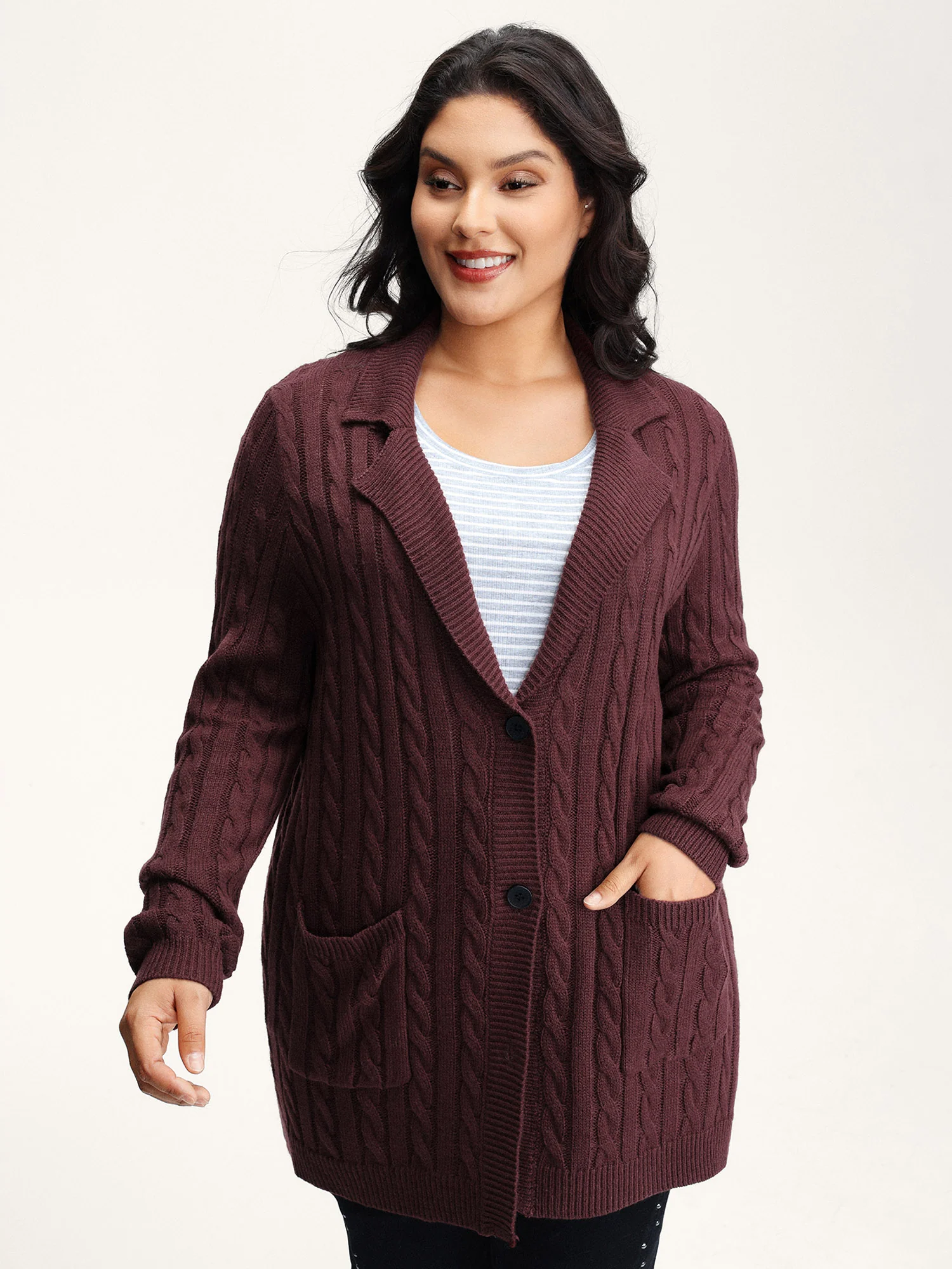 Twist Textured Notched Lapels Knit Cardigan - Image 2