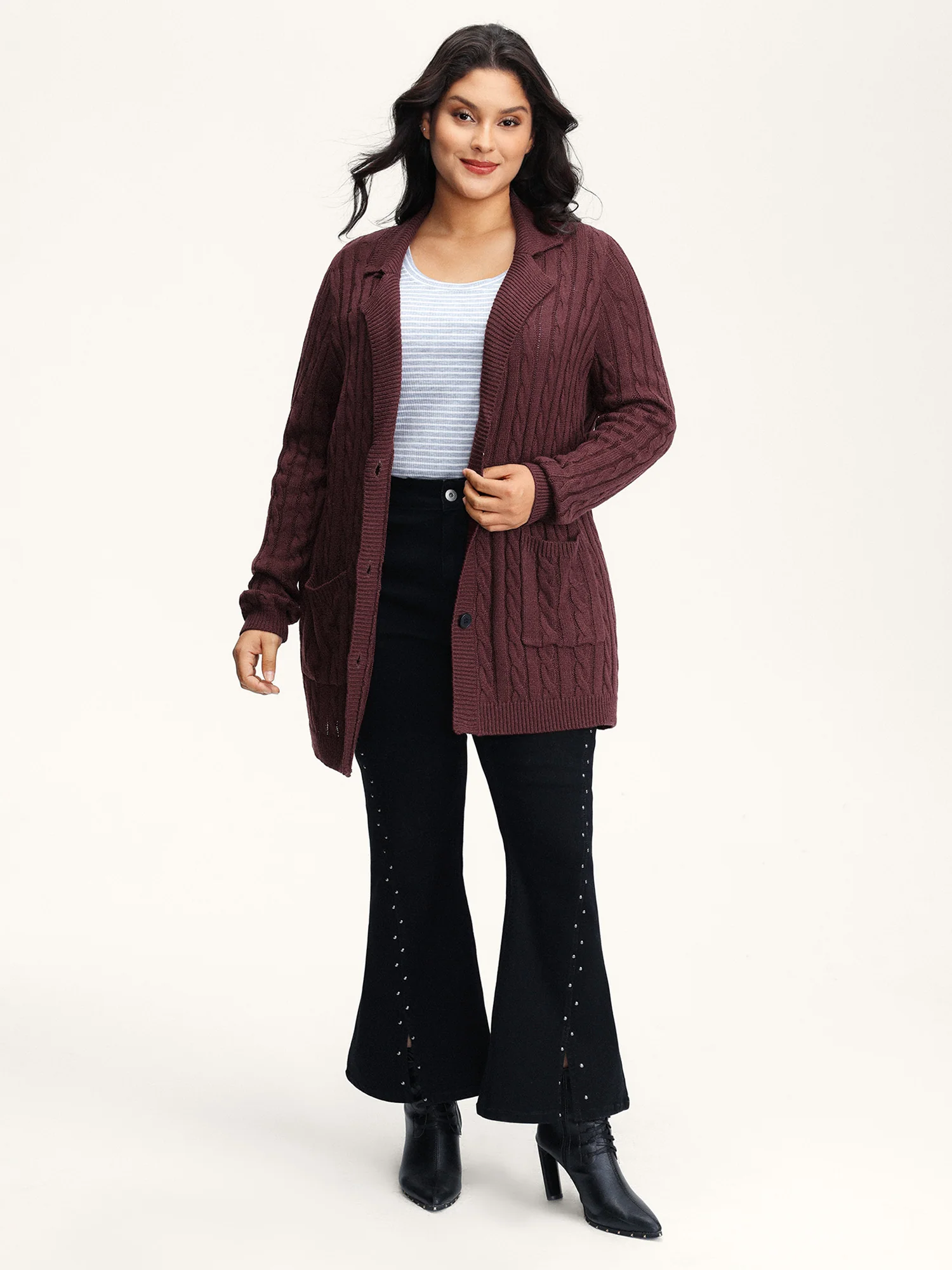 Twist Textured Notched Lapels Knit Cardigan - Image 3