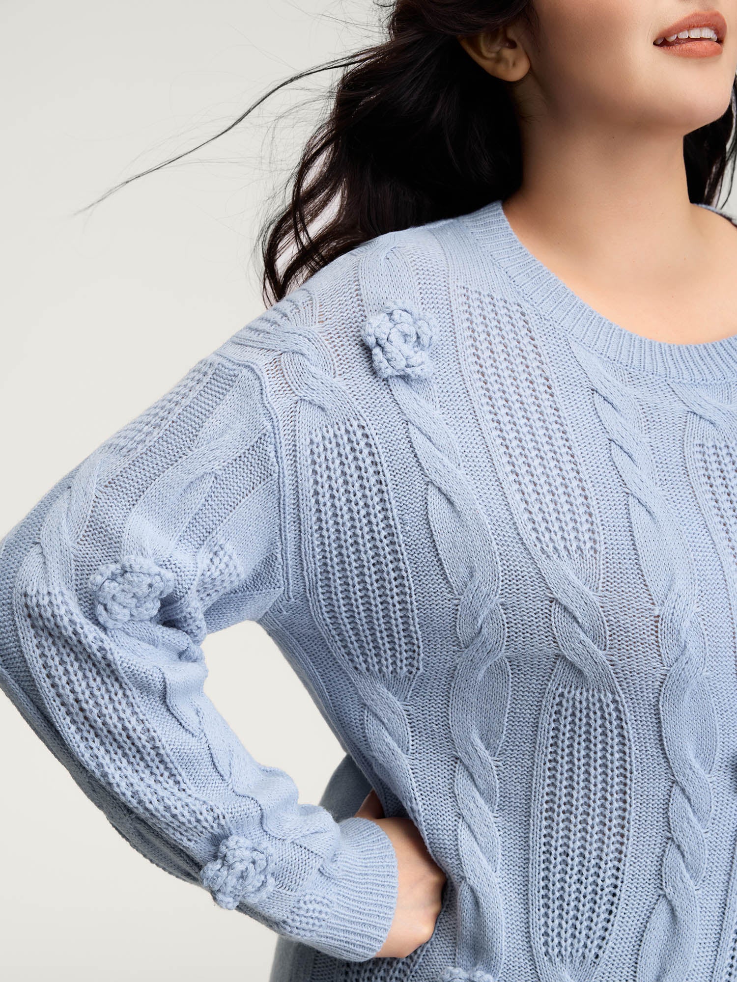 Twisted Texture Hand-Hooked Flowers Pullover - Image 2