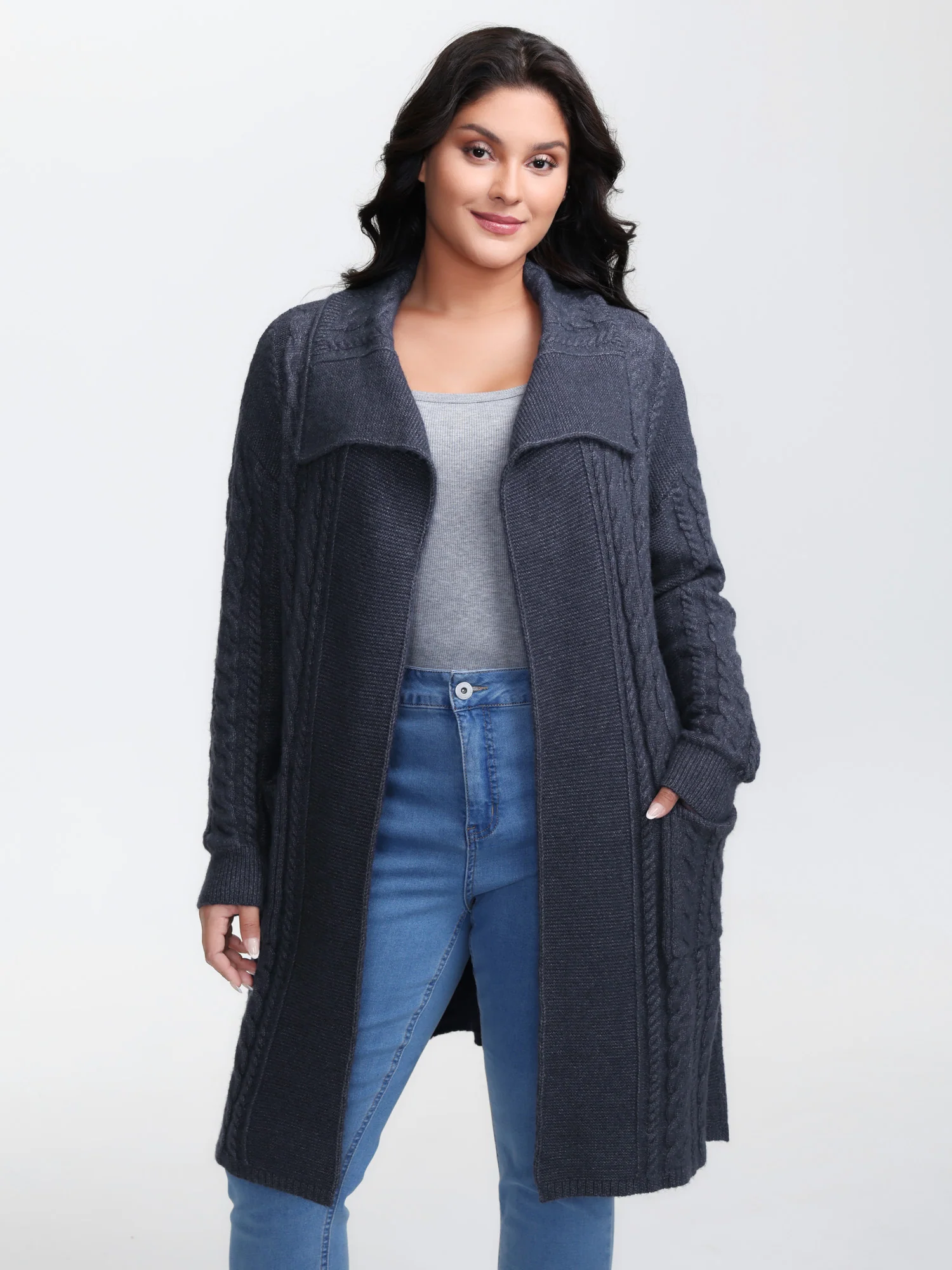Twisted Texture Pockets Slit Knit Cardigan - Image 2