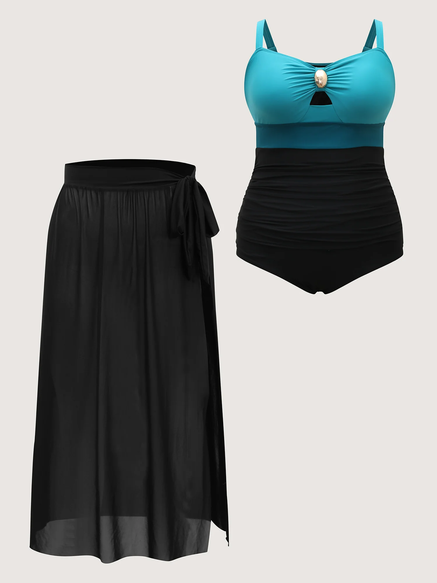 Two-Piece Contrast Sheer Sarong Swimsuit - Image 5