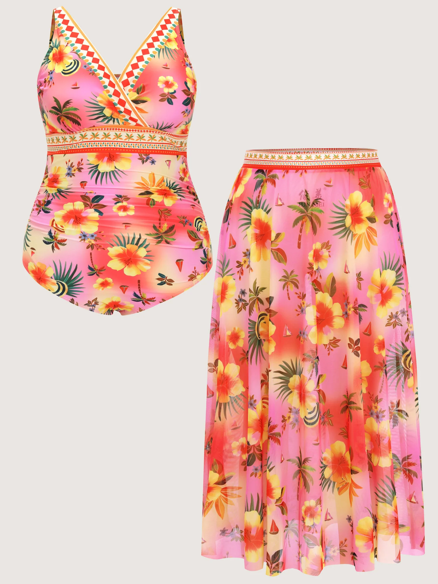 Two-Piece Mesh Floral Sarong Swimsuit - Image 8