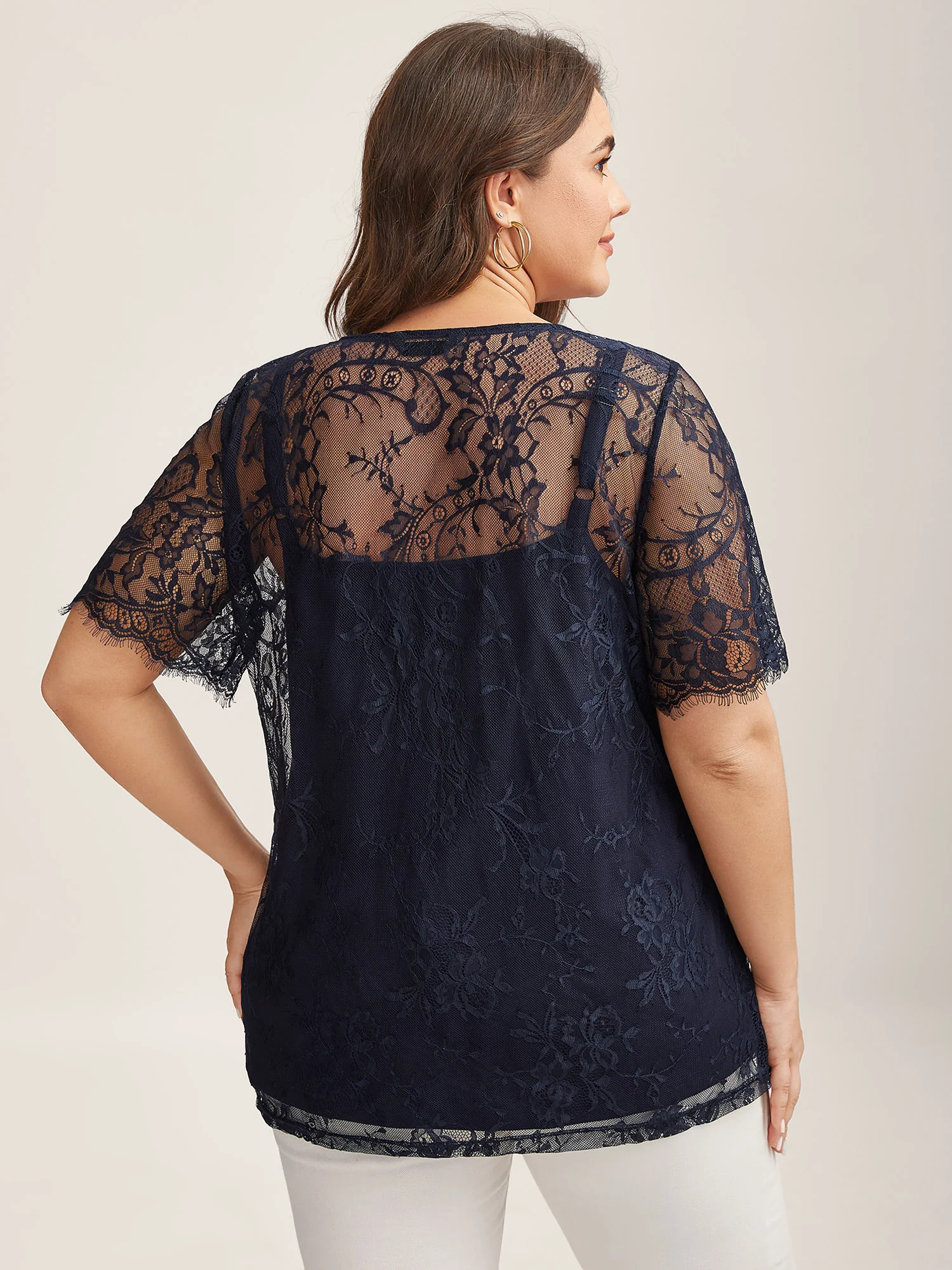 Two-Piece Romantic Sheer Lace Lined T-Shirt - Image 4