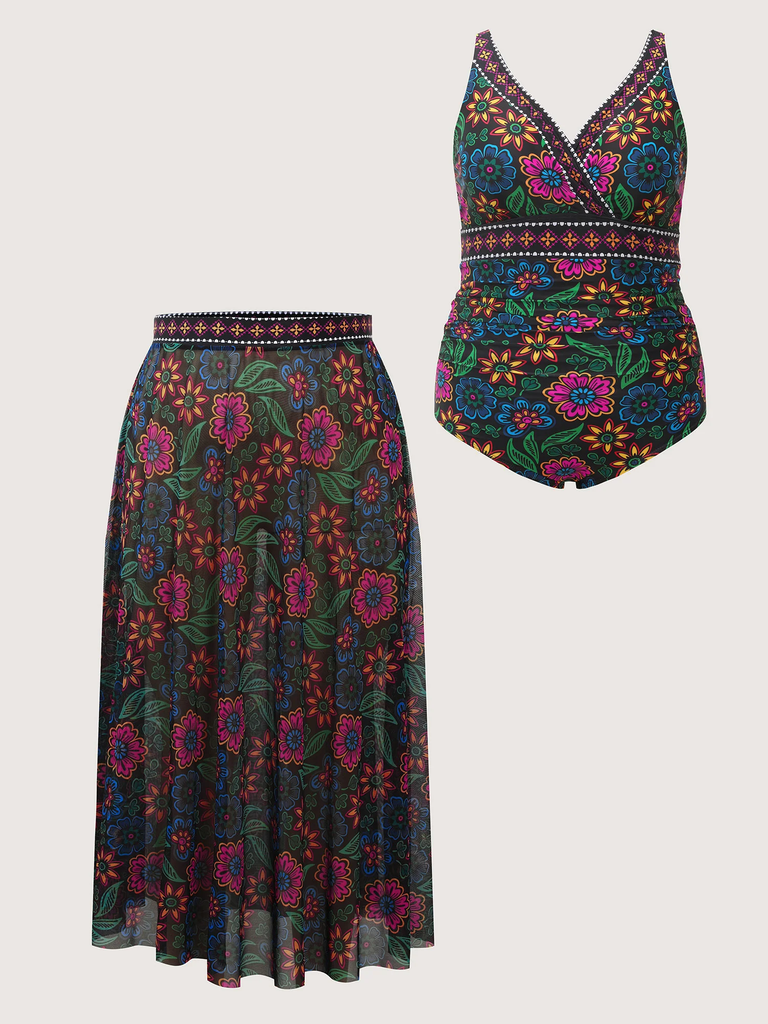 Two-Piece Sarong Floral Print One-Piece Swimsuit - Image 6