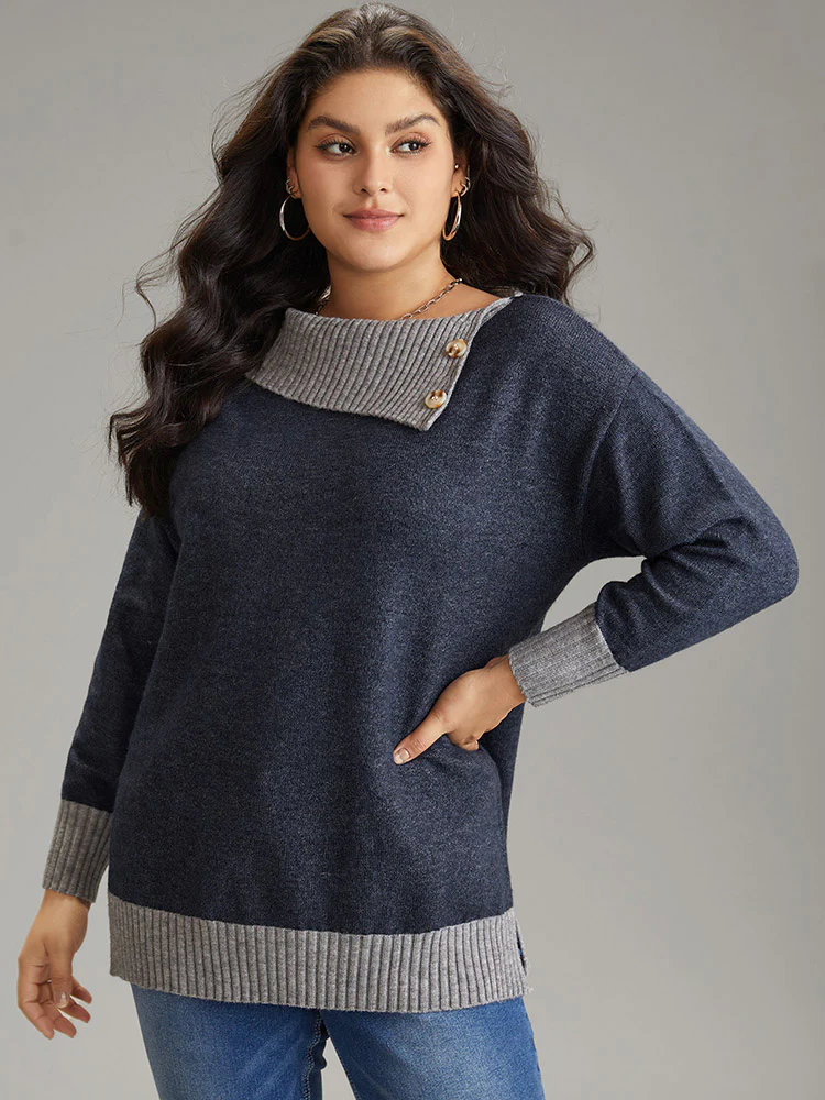 Two Tone Button Detail Lapel Collar Pullover