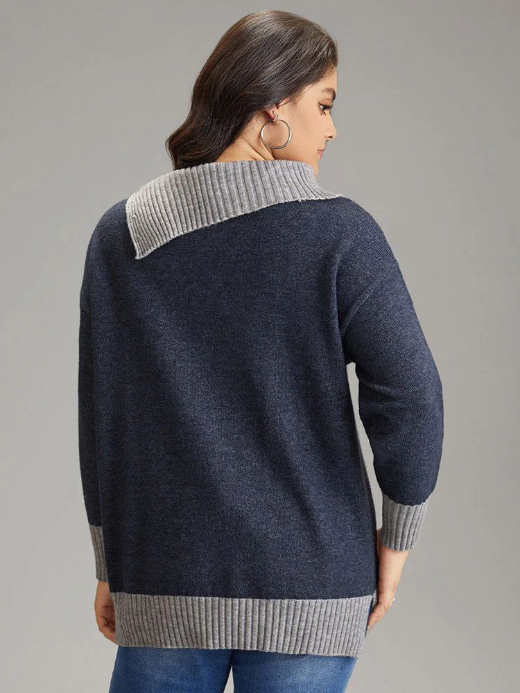 Two Tone Button Detail Lapel Collar Pullover - Image 2