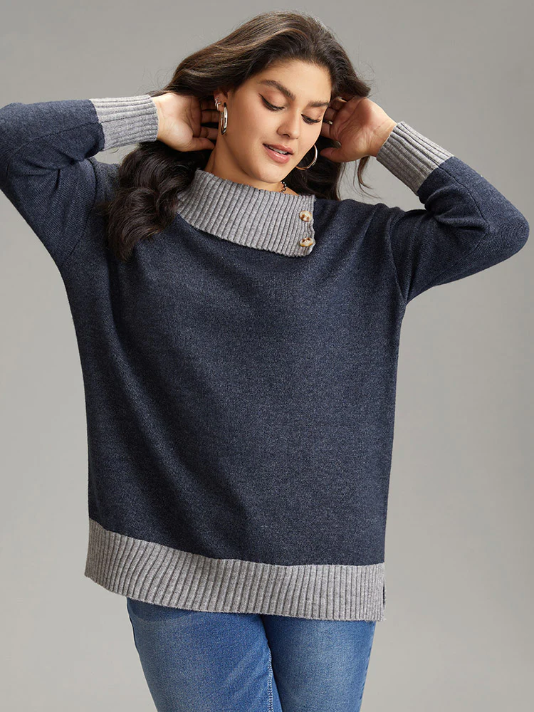 Two Tone Button Detail Lapel Collar Pullover - Image 3