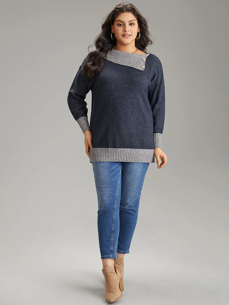 Two Tone Button Detail Lapel Collar Pullover - Image 4