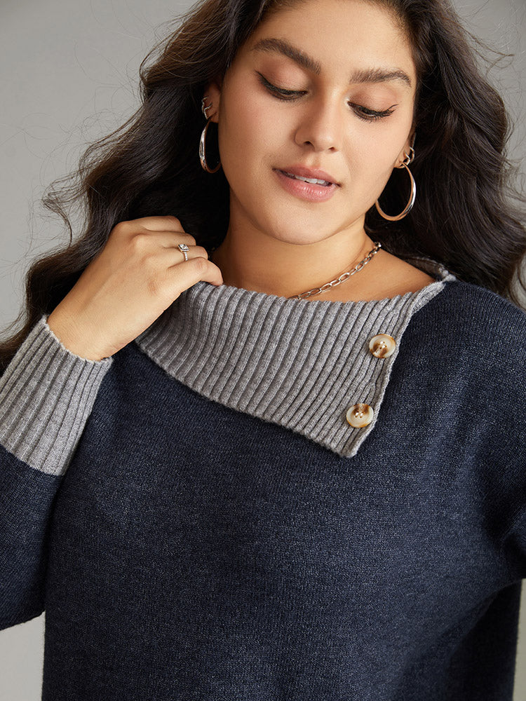 Two Tone Button Detail Lapel Collar Pullover - Image 5