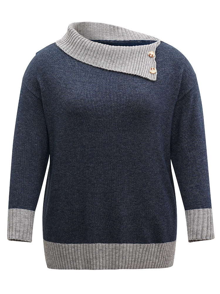 Two Tone Button Detail Lapel Collar Pullover - Image 6
