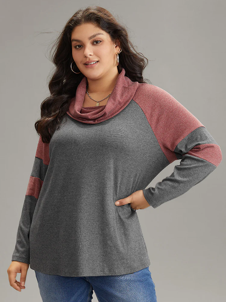 Two Tone Cowl Neck Patchwork T-shirt