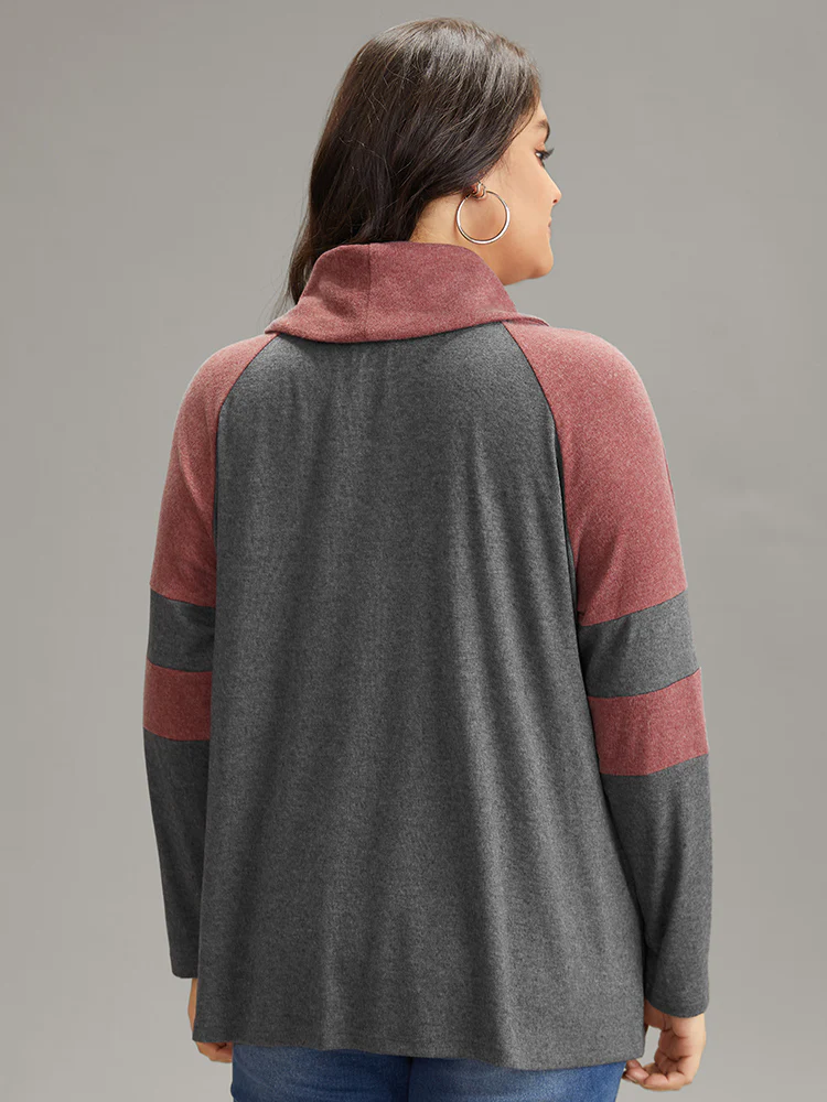 Two Tone Cowl Neck Patchwork T-shirt - Image 2